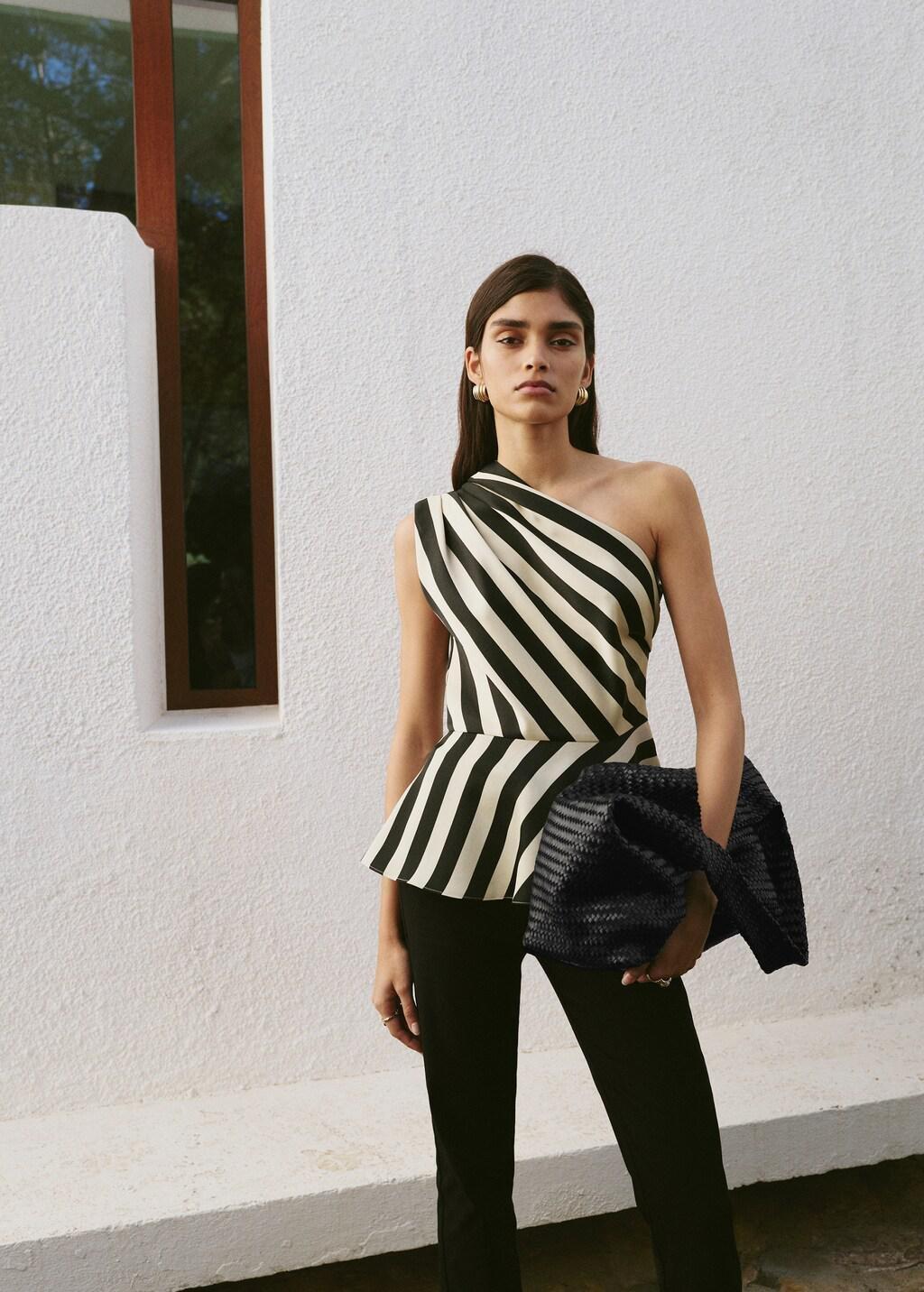 Beige Striped Asymmetrical Top, Light Beige, large image number 3