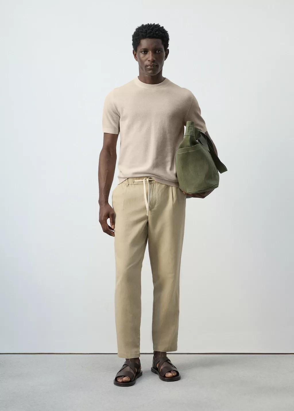 Beige Cotton Fine-Knit T-Shirt, Light Beige, large image number 0