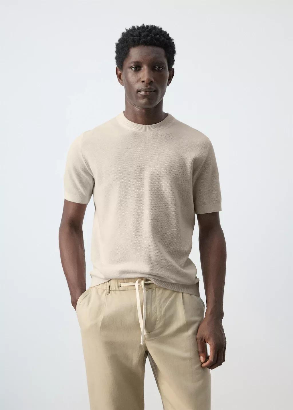 Beige Cotton Fine-Knit T-Shirt, Light Beige, large image number 3