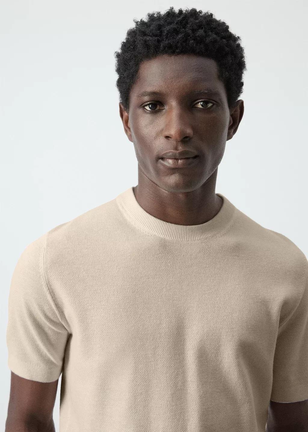 Beige Cotton Fine-Knit T-Shirt, Light Beige, large image number 4