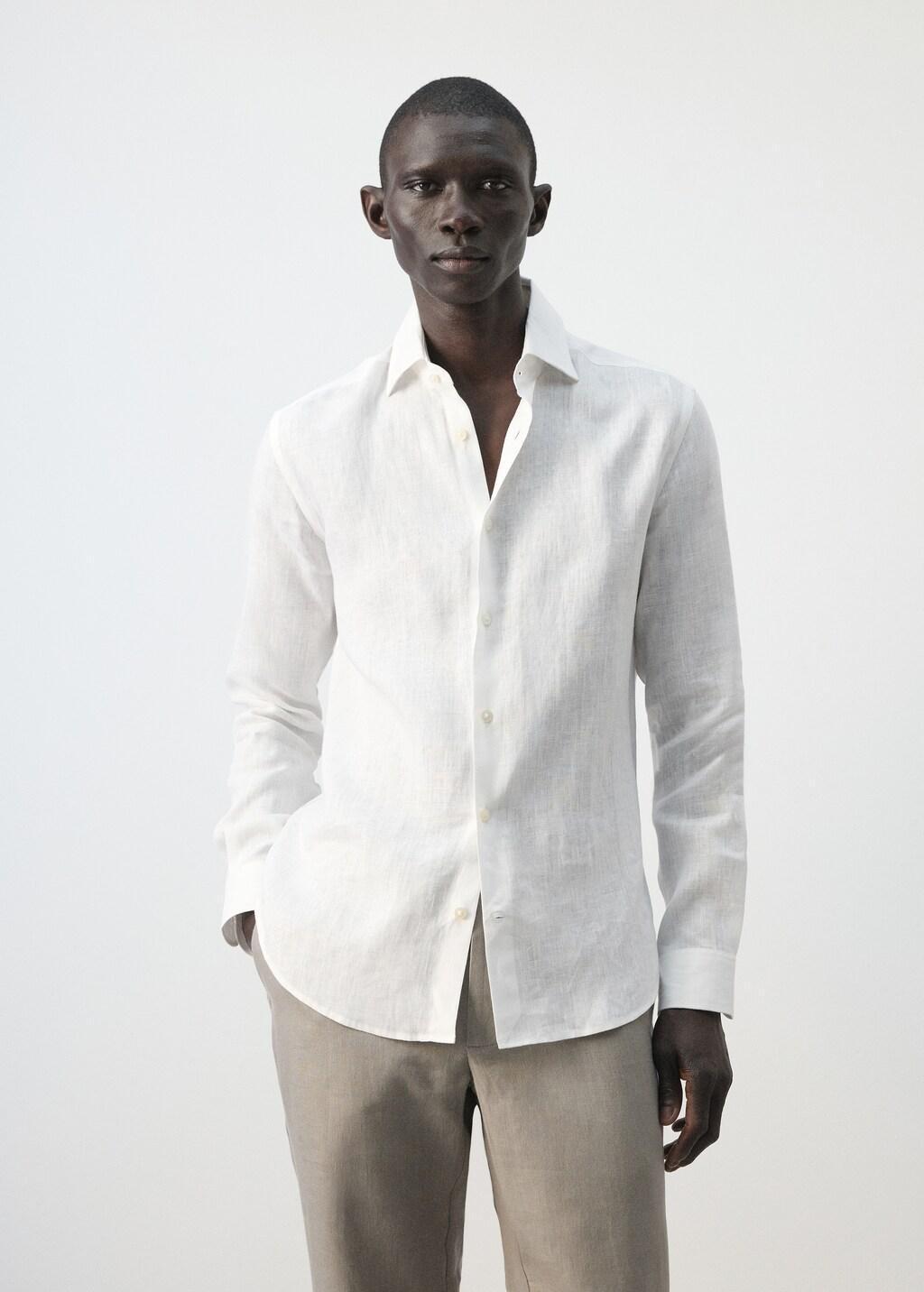 White Linen Slim-Fit Shirt, White, large image number 3