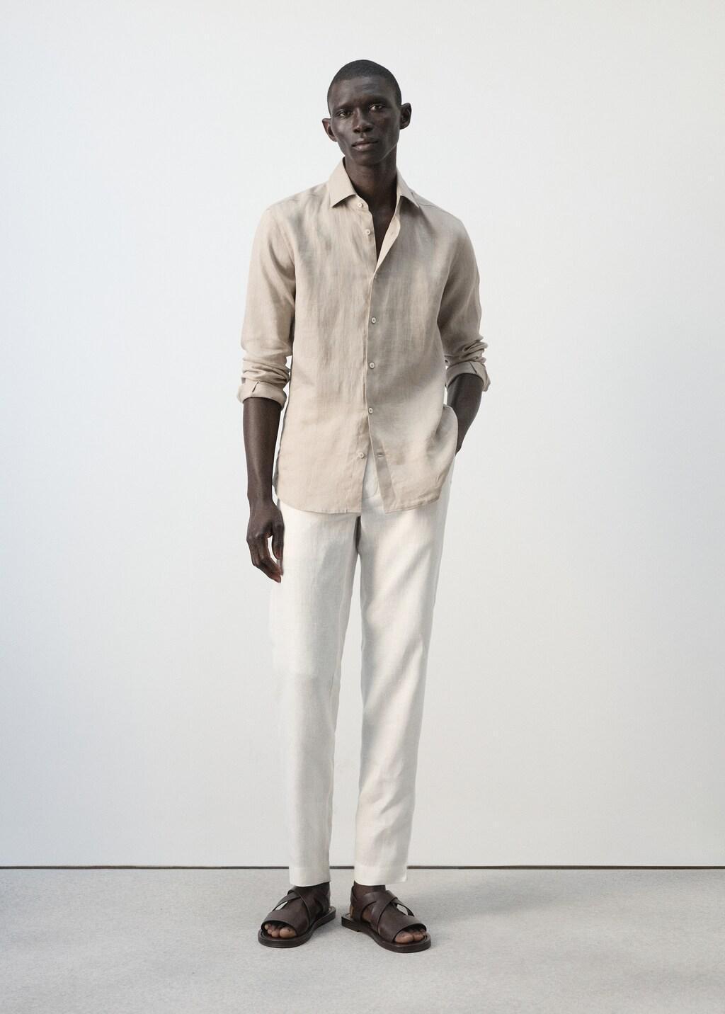 Brown Linen Slim-Fit Shirt, Light Pastel Brown, large image number 0