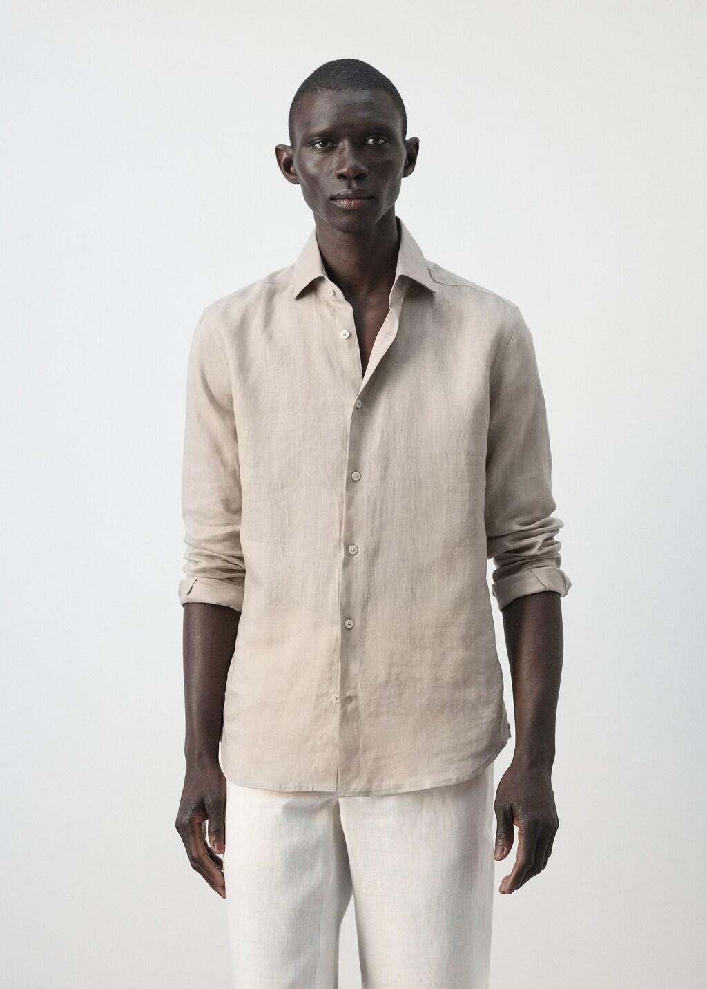 Brown Linen Slim-Fit Shirt, Light Pastel Brown, large image number 3
