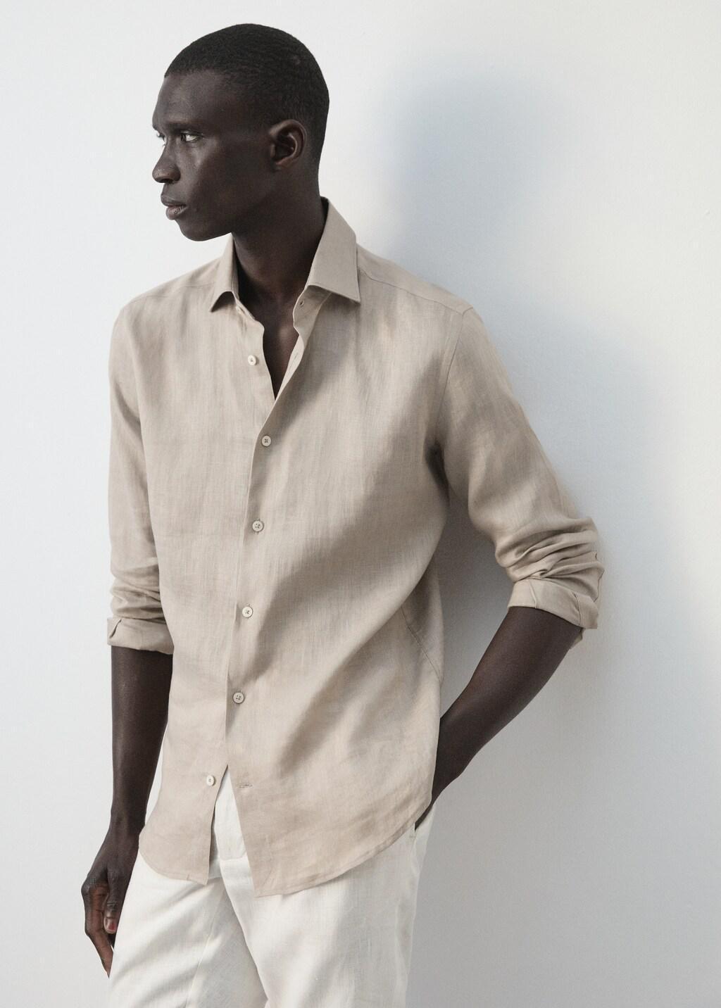 Brown Linen Slim-Fit Shirt, Light Pastel Brown, large image number 4