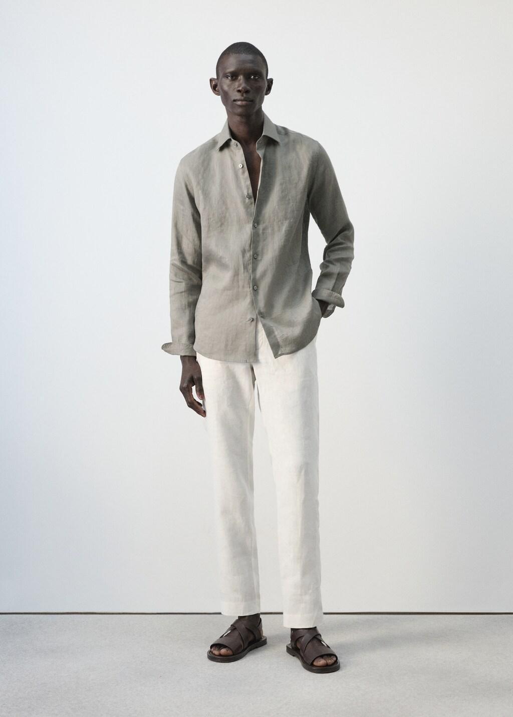 Brown Linen Slim-Fit Shirt, Medium Brown, medium