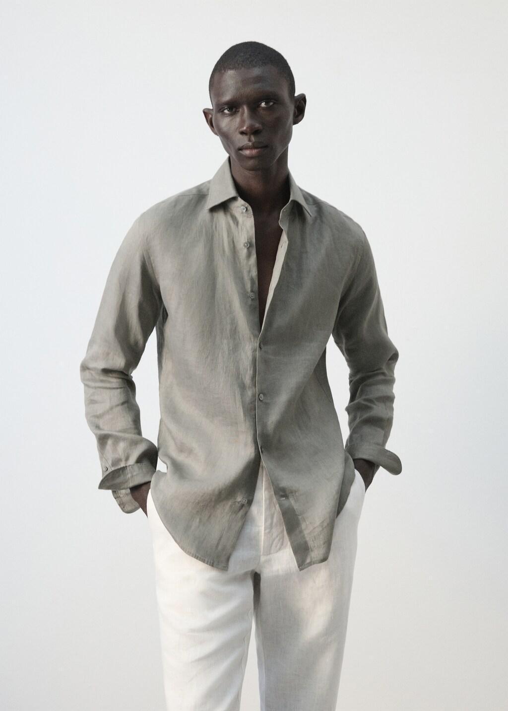 Brown Linen Slim-Fit Shirt, Medium Brown, large image number 3