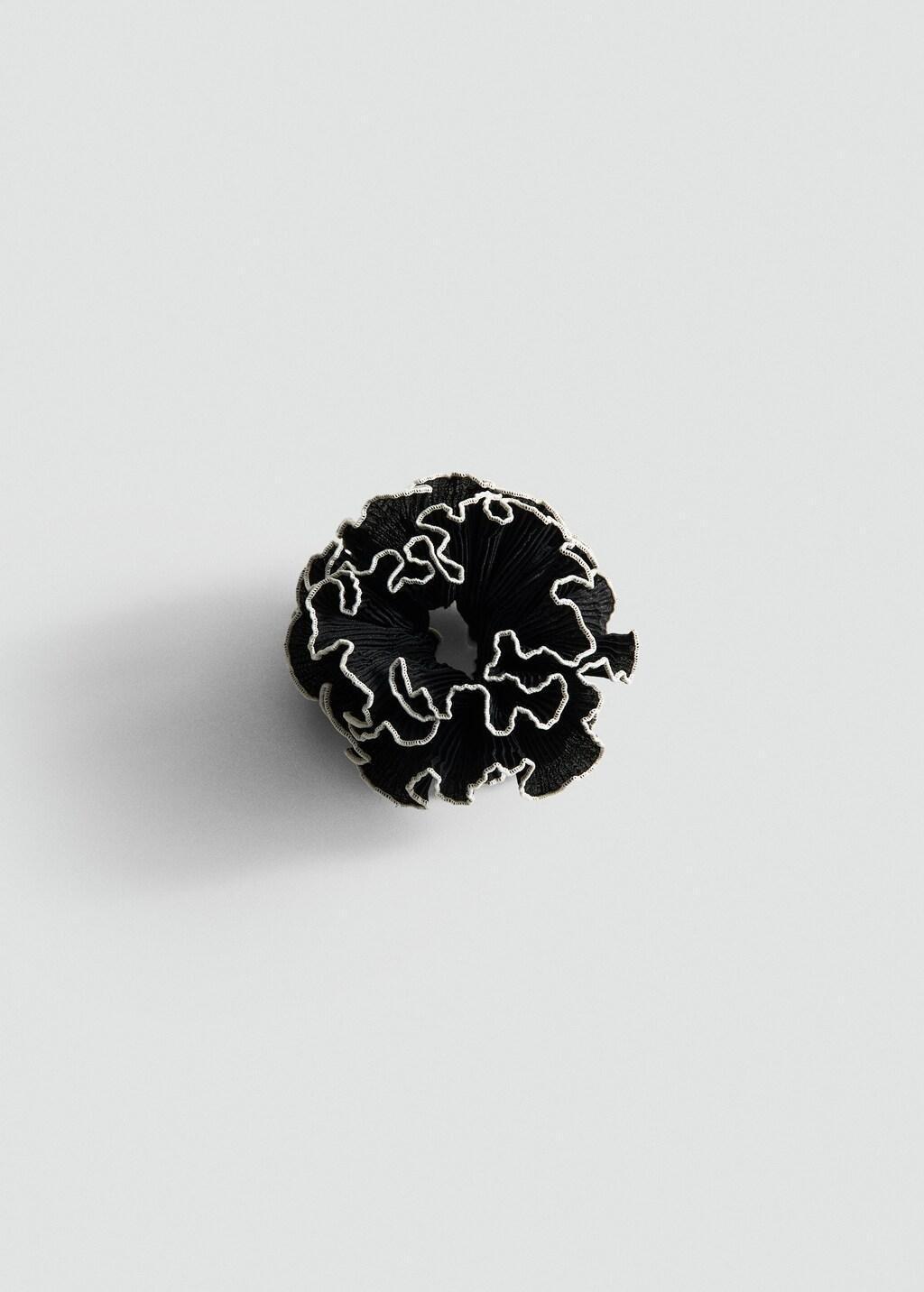 Black Flower Scrunchie With Contrasting Trim, Black, large image number 2