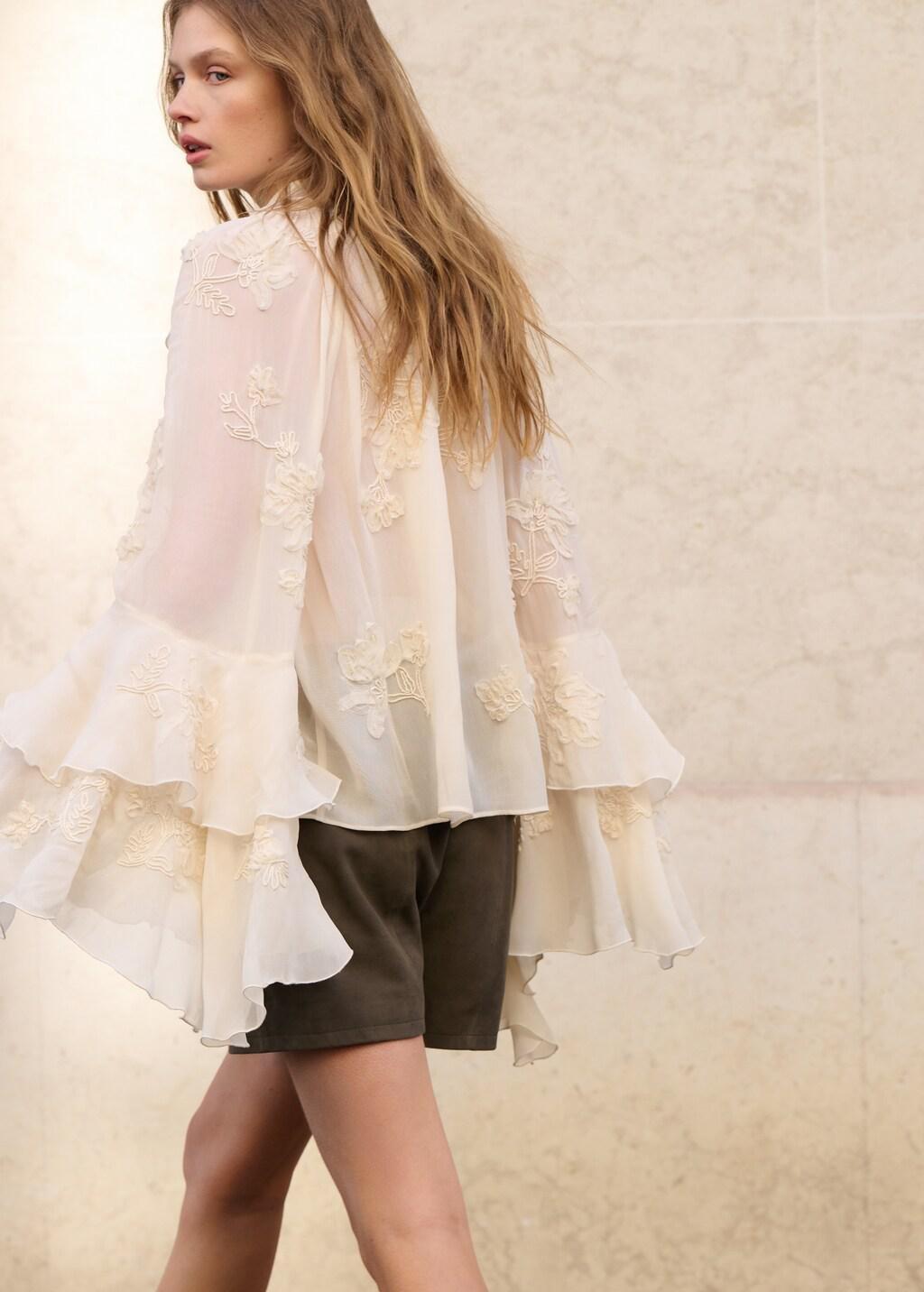 Beige Ruffled Blouse With Bow Neck, Light Beige, large image number 2