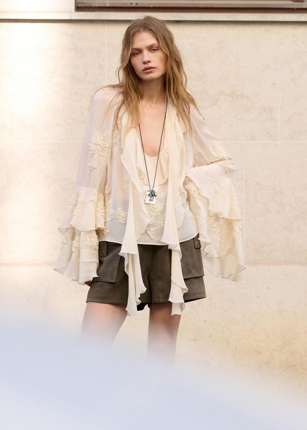 Beige Ruffled Blouse With Bow Neck, Light Beige, large image number 3