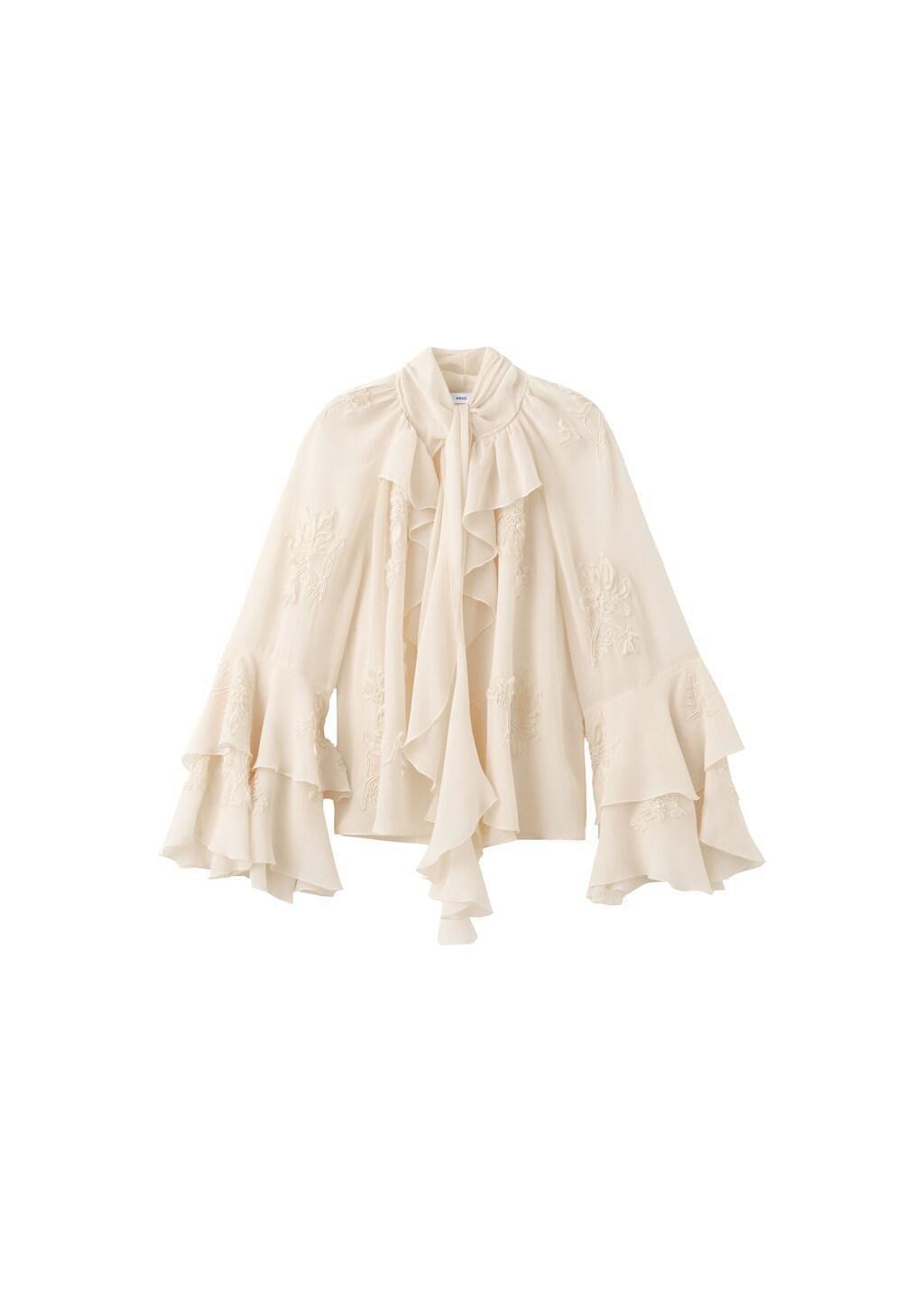 Beige Ruffled Blouse With Bow Neck, Light Beige, large image number 6