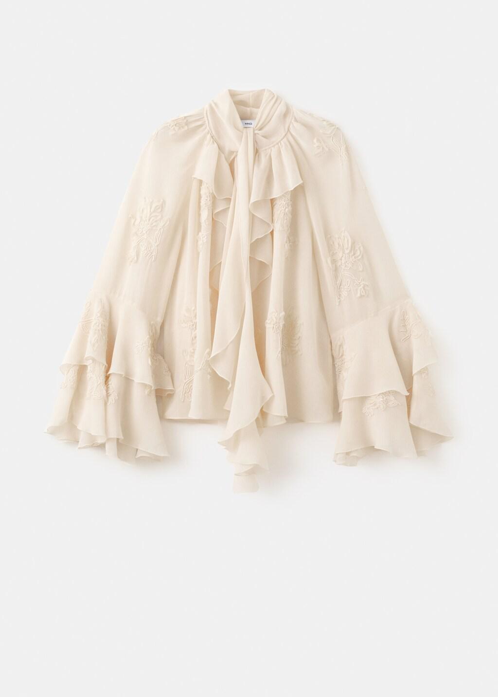 Beige Ruffled Blouse With Bow Neck, Light Beige, large image number 7