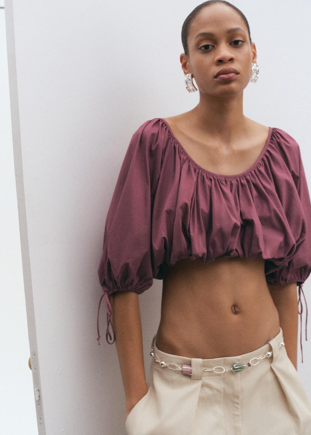 Red Puff-Sleeved Cropped Blouse, Dark Red, large image number 3