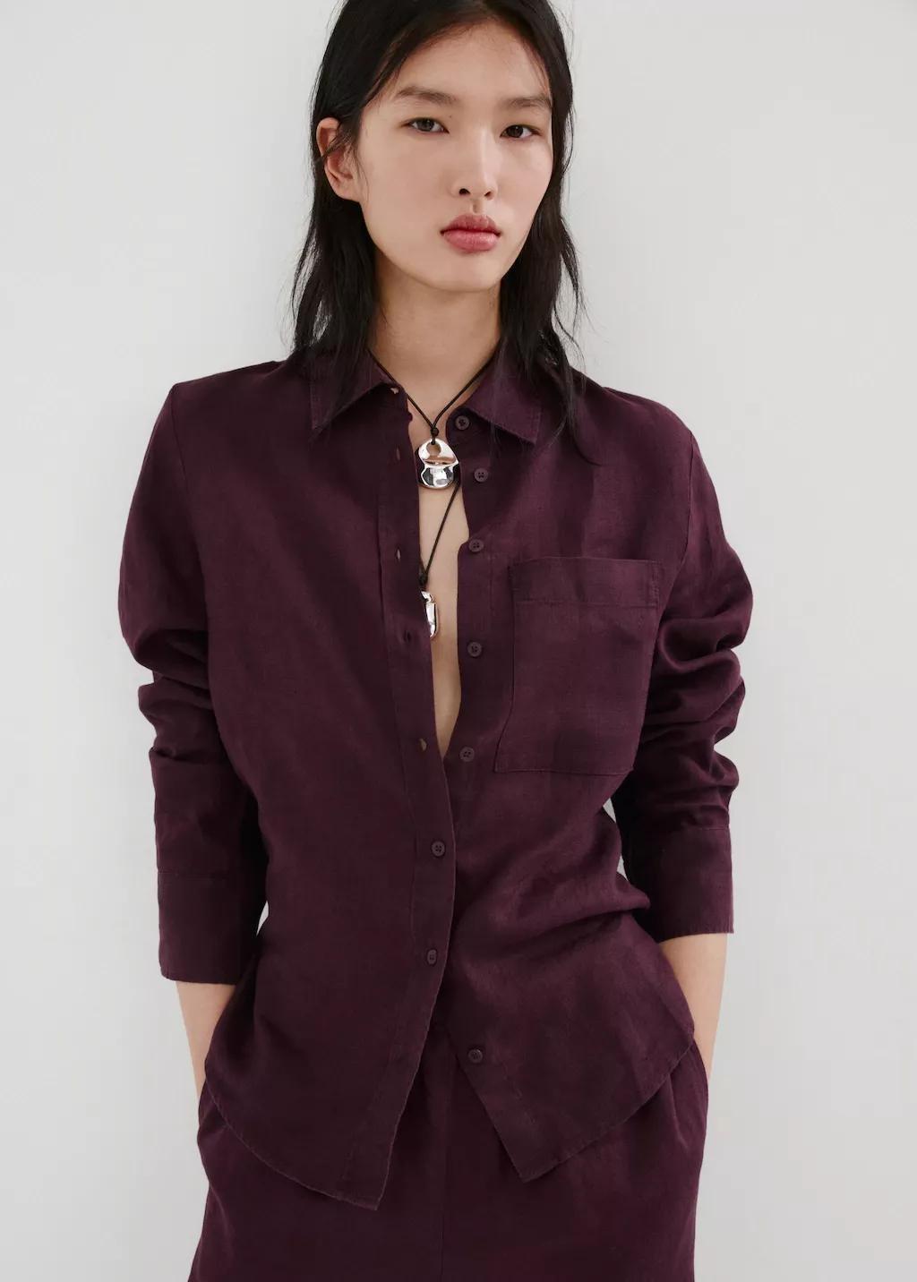 Purple Pocket Linen Shirt, 0201_66, large image number 3