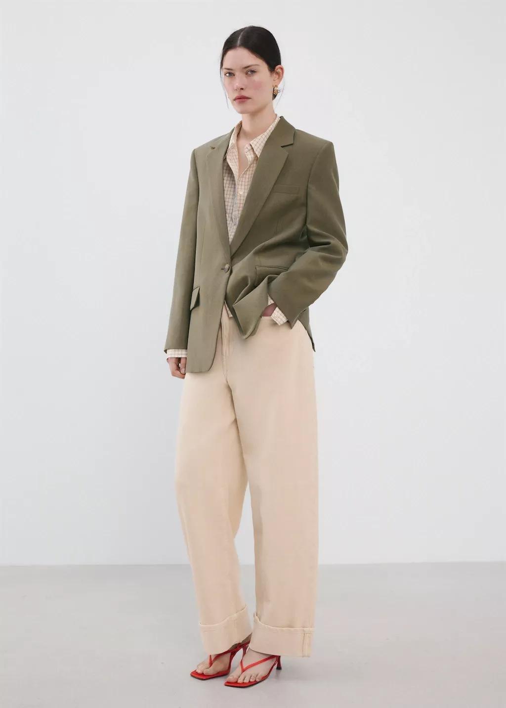 Green Straight Suit Jacket With Lapel Pockets, Green, large image number 0