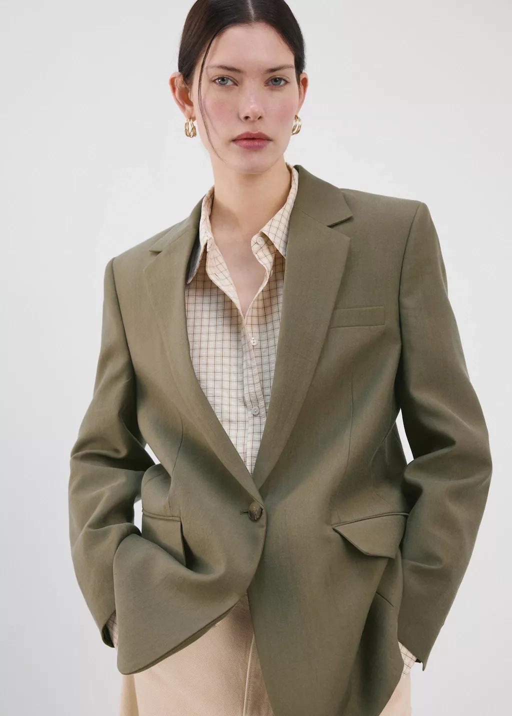 Green Straight Suit Jacket With Lapel Pockets, Green, large image number 3