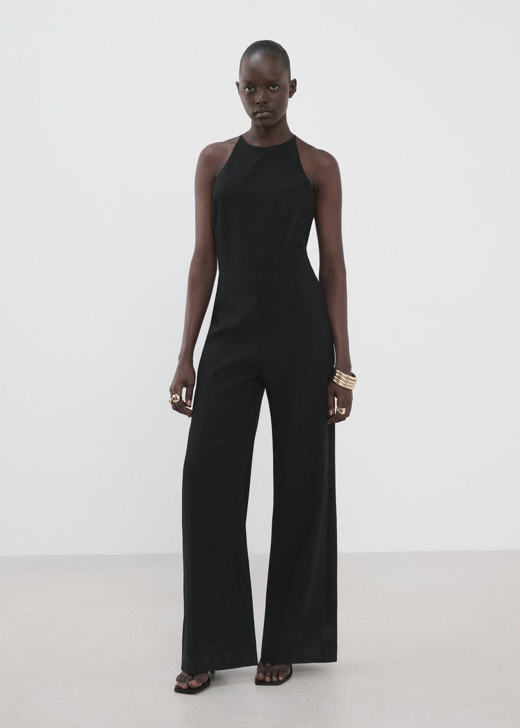 Black Open Back Halter Jumpsuit, Black, medium