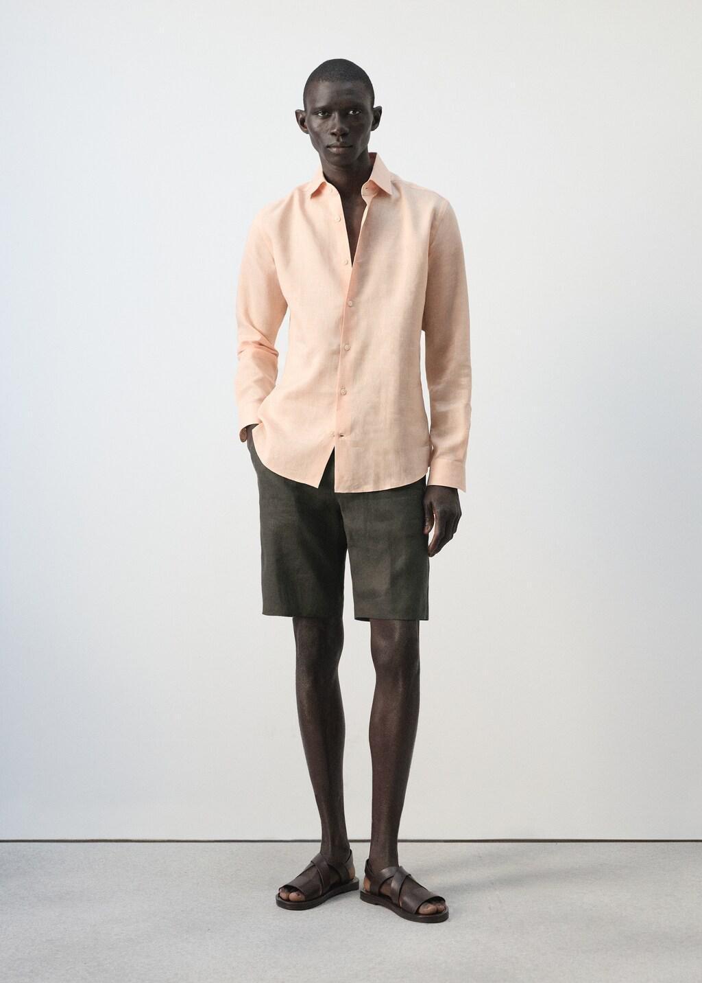 Orange Linen Slim-Fit Shirt, Light-Pastel Orange, medium