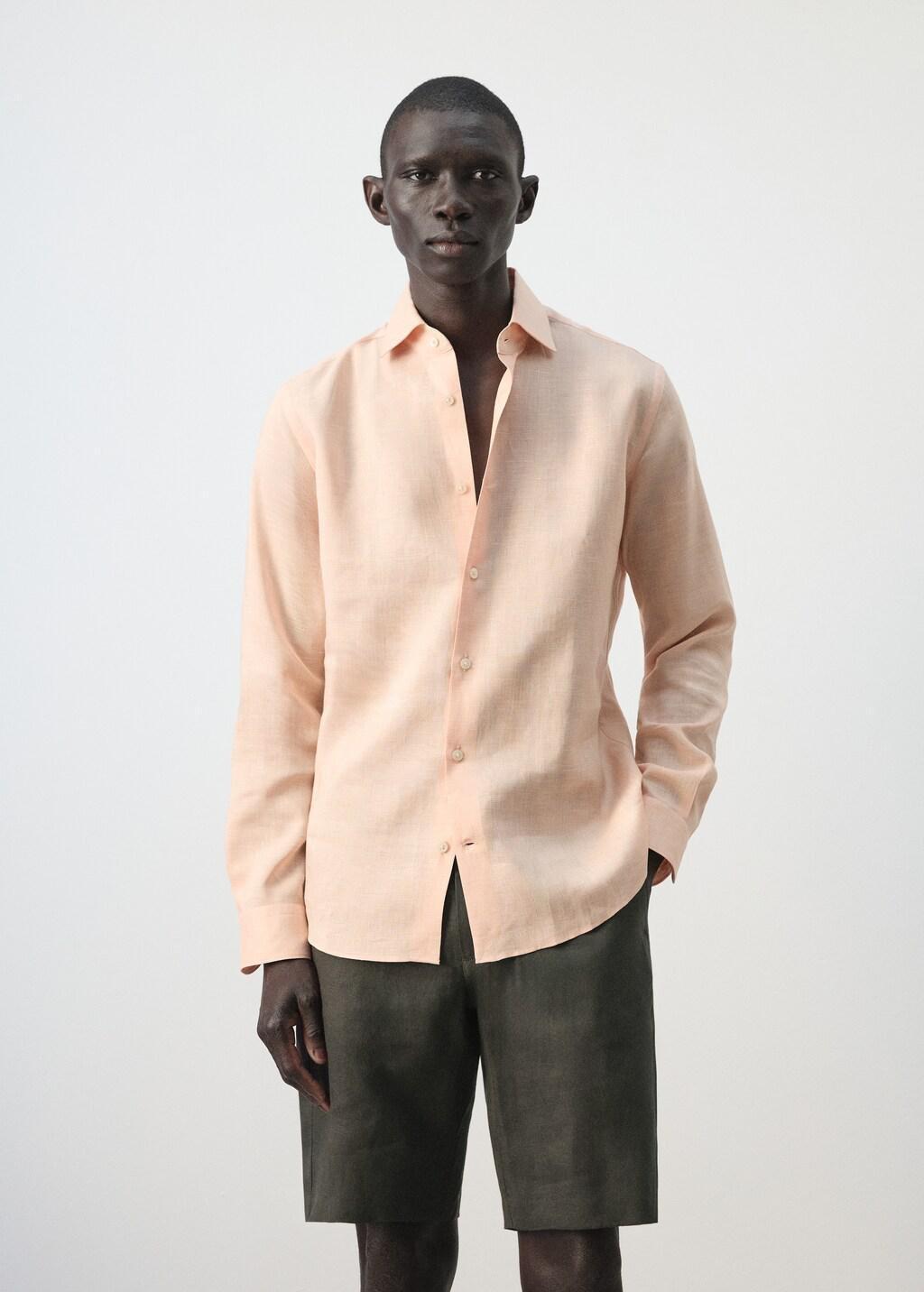 Orange Linen Slim-Fit Shirt, Light-Pastel Orange, large image number 3