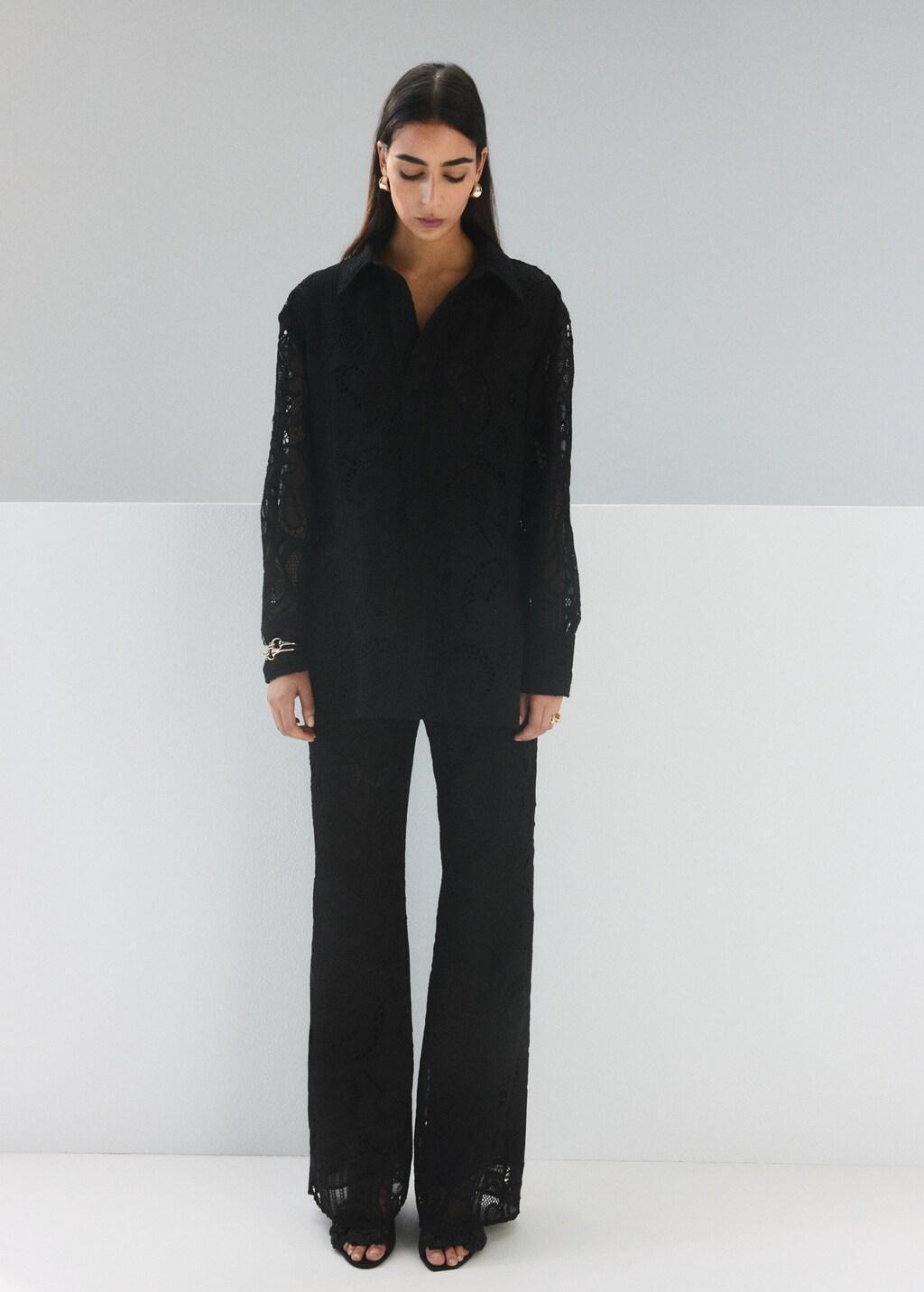 Black Embroidered Openwork Blouse, Black, medium