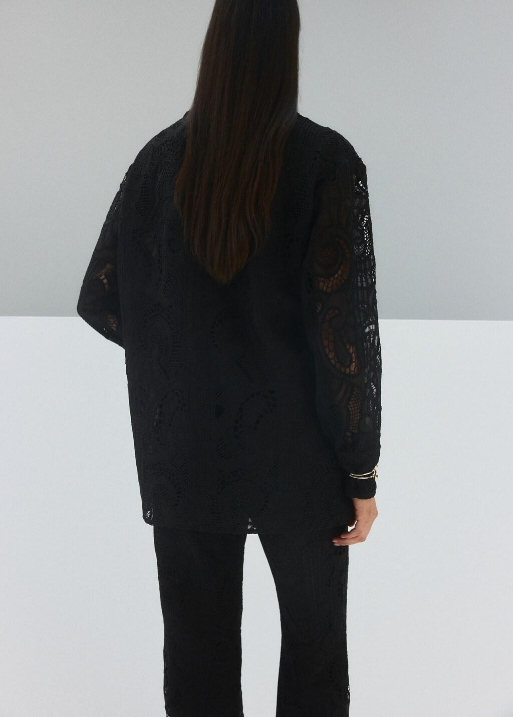 Black Embroidered Openwork Blouse, Black, medium