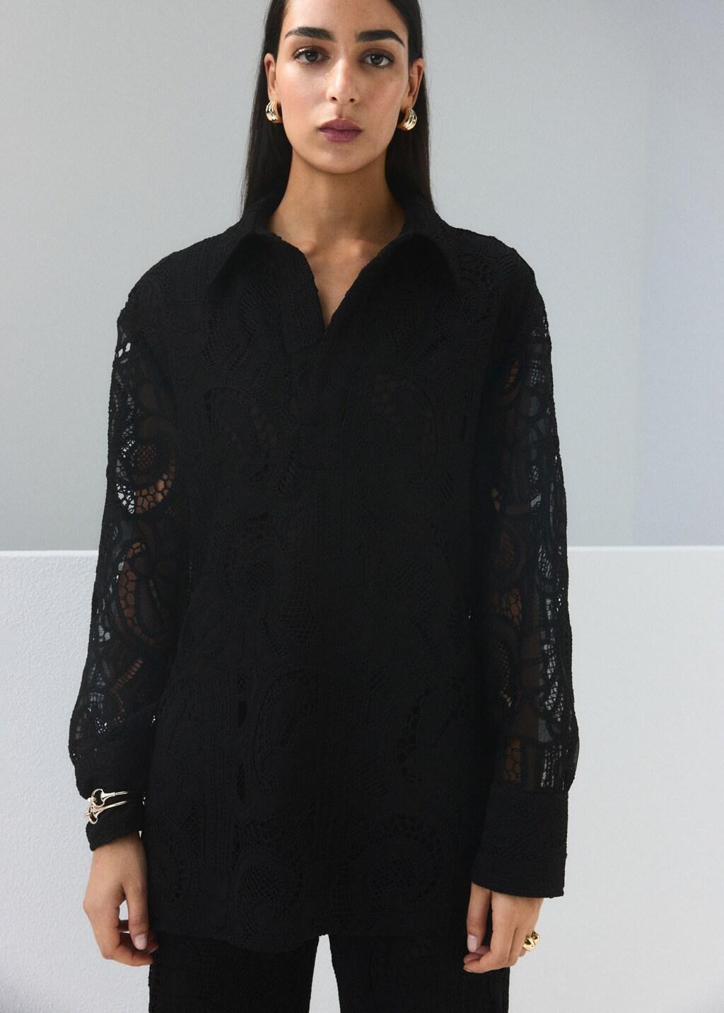 BLACK Embroidered openwork blouse, Black, large image number 3
