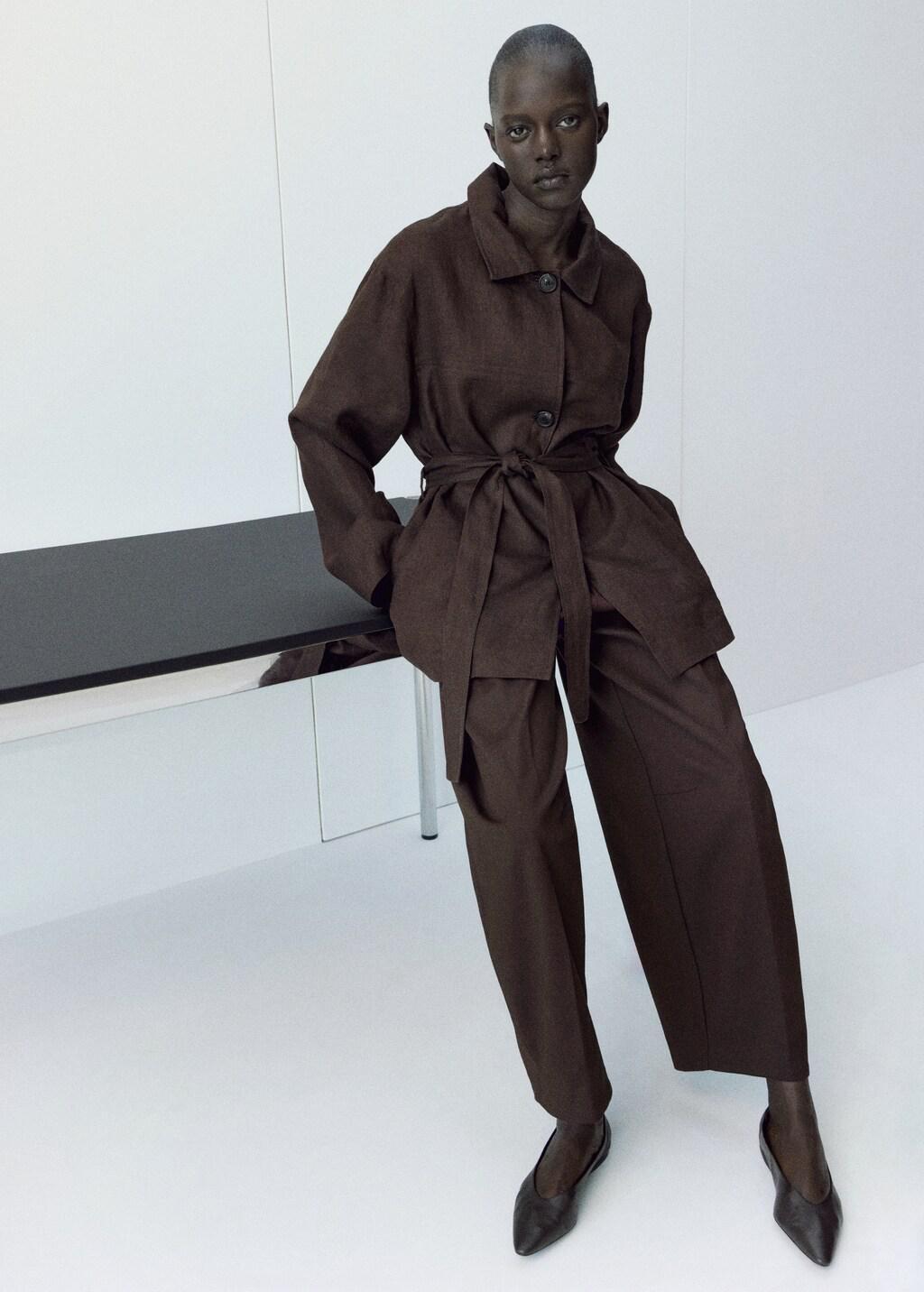 Brown Linen Jacket With Belt, Dark Brown, large image number 0