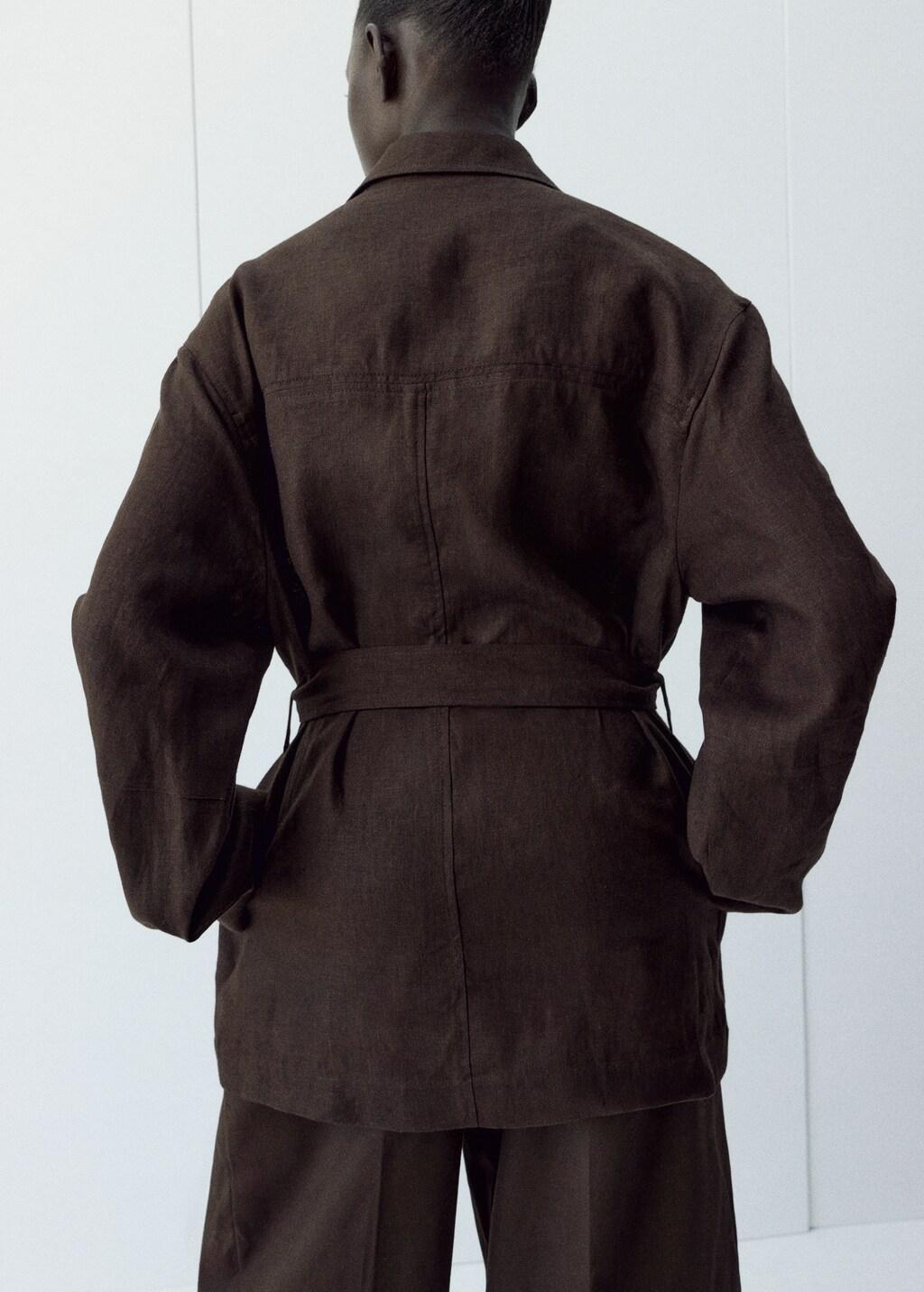 Brown Linen Jacket With Belt, Dark Brown, large image number 2