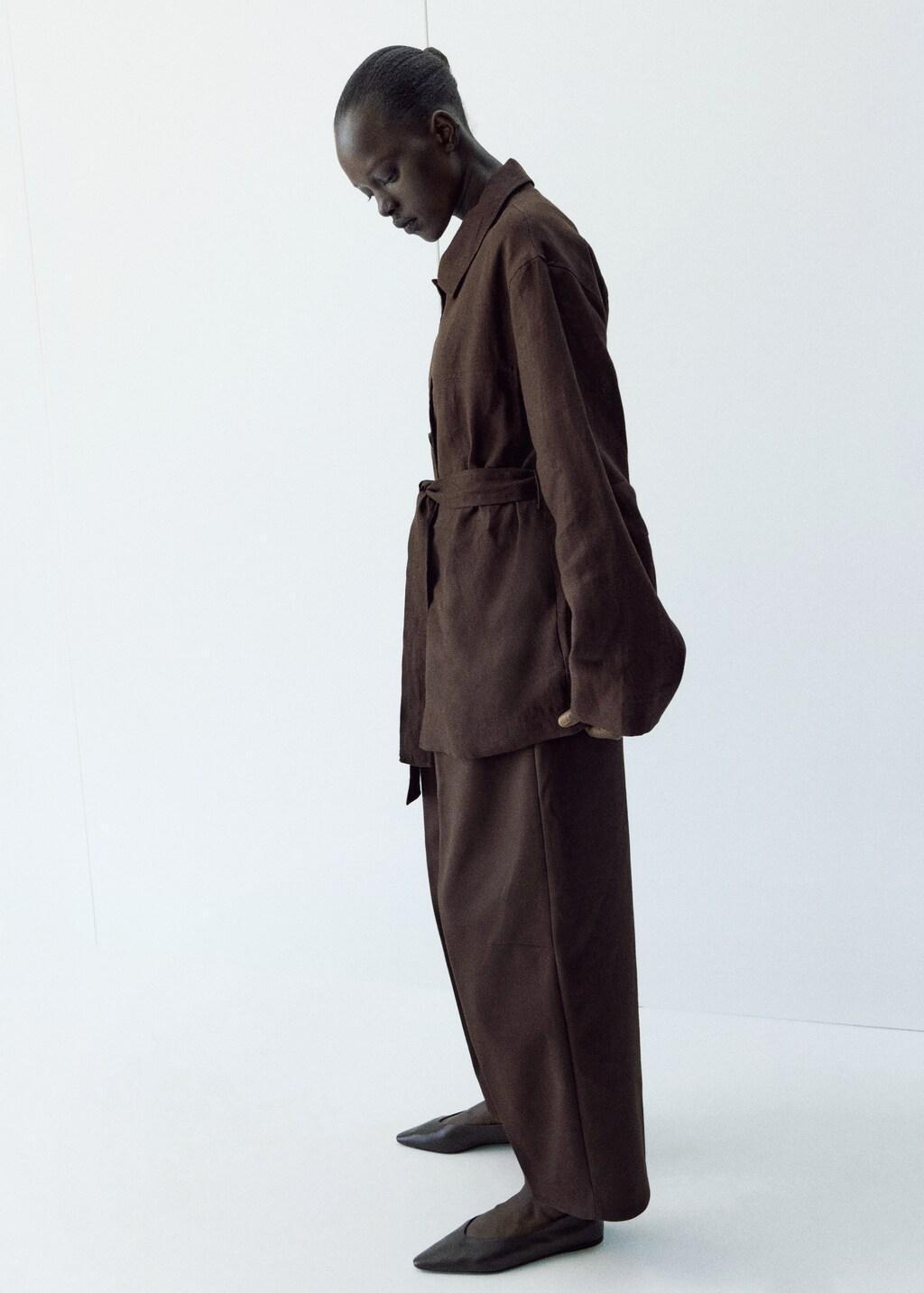 Brown Linen Jacket With Belt, Dark Brown, large image number 3