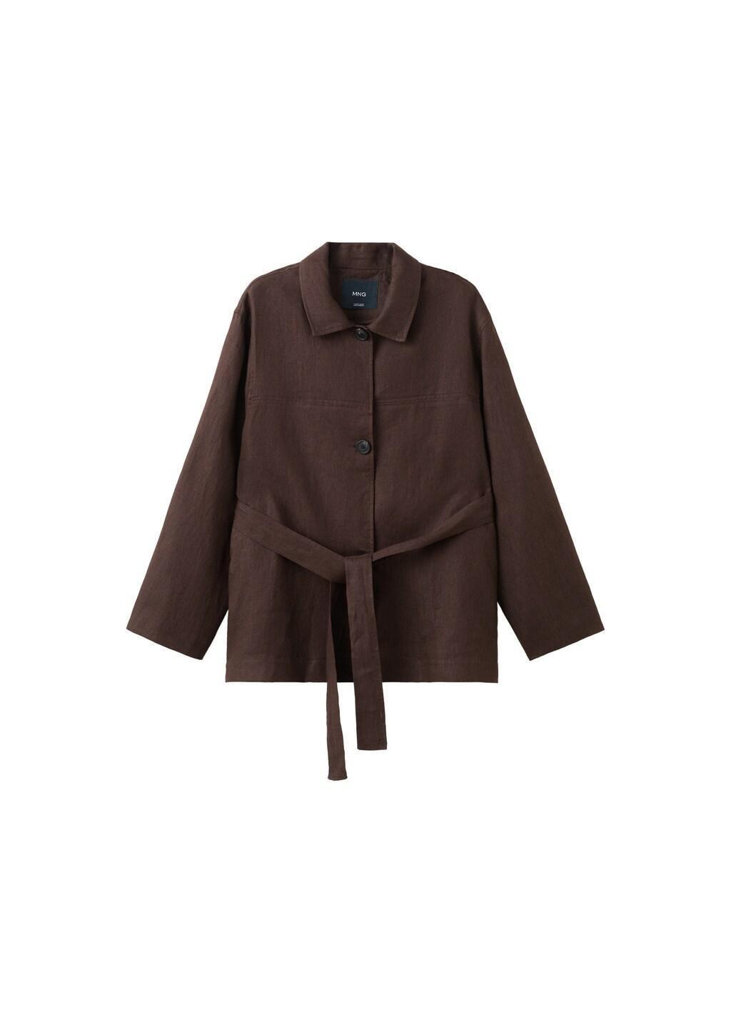 Brown Linen Jacket With Belt, Dark Brown, large image number 6