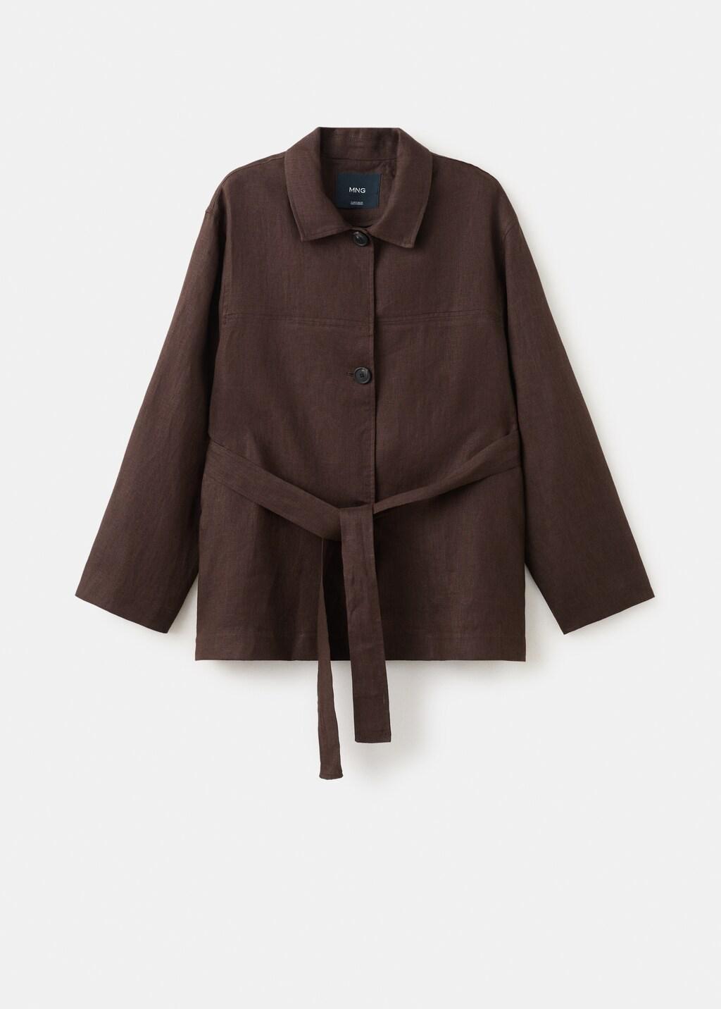Brown Linen Jacket With Belt, Dark Brown, large image number 7