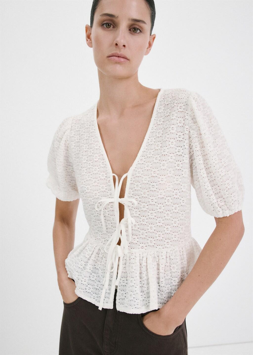 White Bows Floral Embroidery Blouse, Natural White, large image number 3