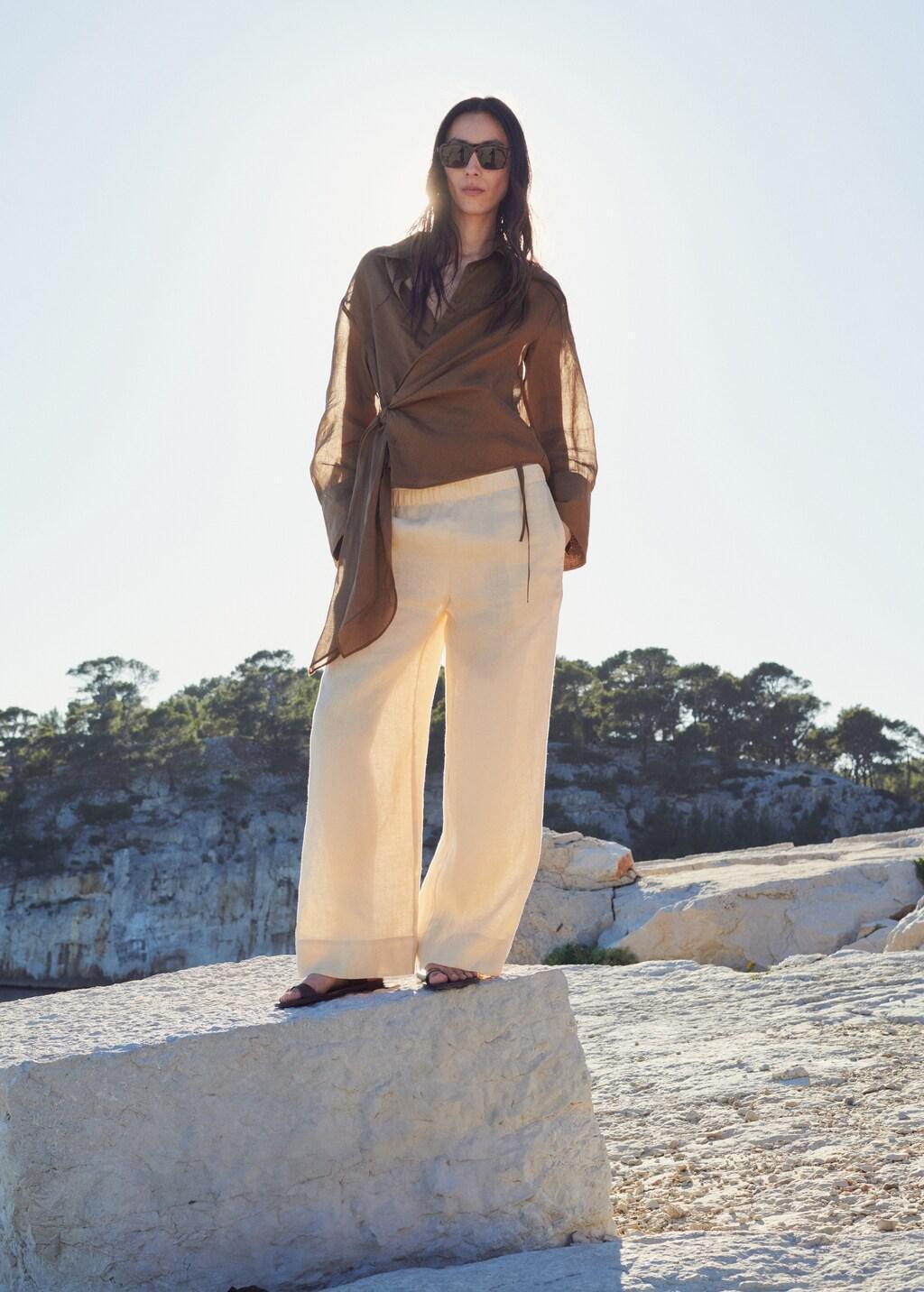 Brown 100% Ramie Blouse With Tie, Brown, large image number 0