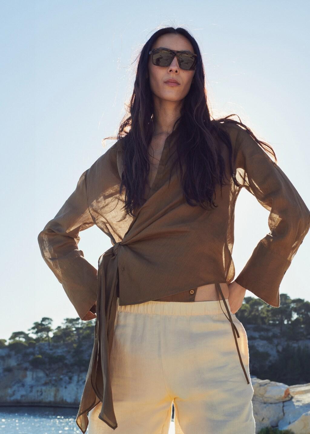 Brown 100% Ramie Blouse With Tie, Brown, large image number 3