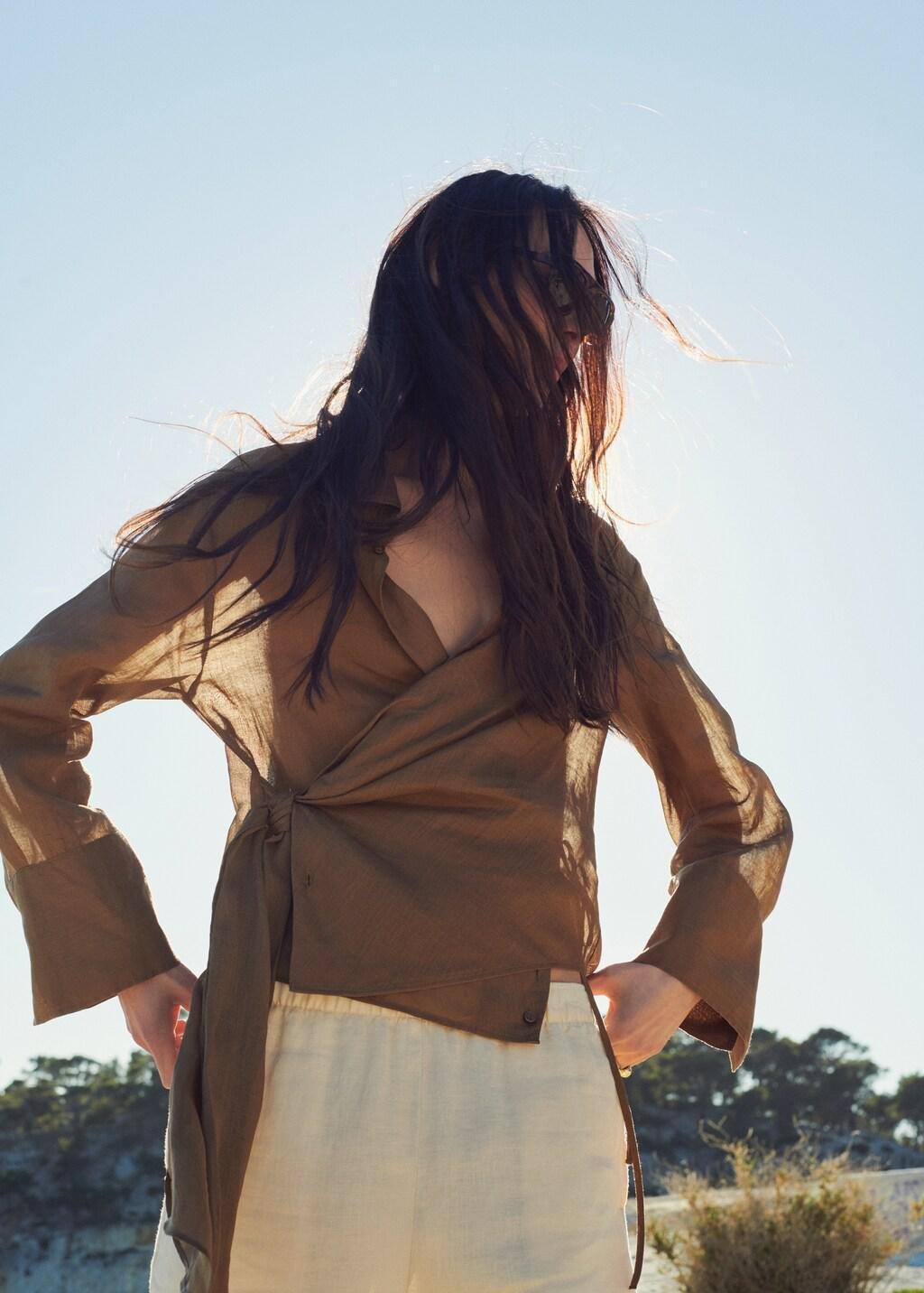 Brown 100% Ramie Blouse With Tie, Brown, large image number 4