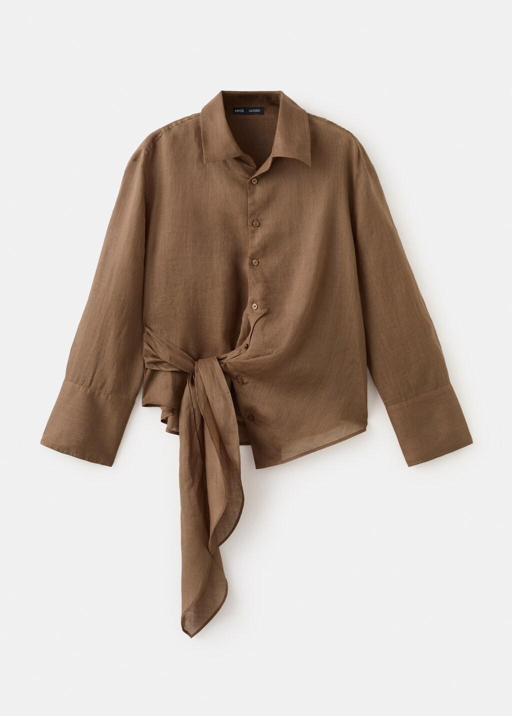 Brown 100% Ramie Blouse With Tie, Brown, large image number 7