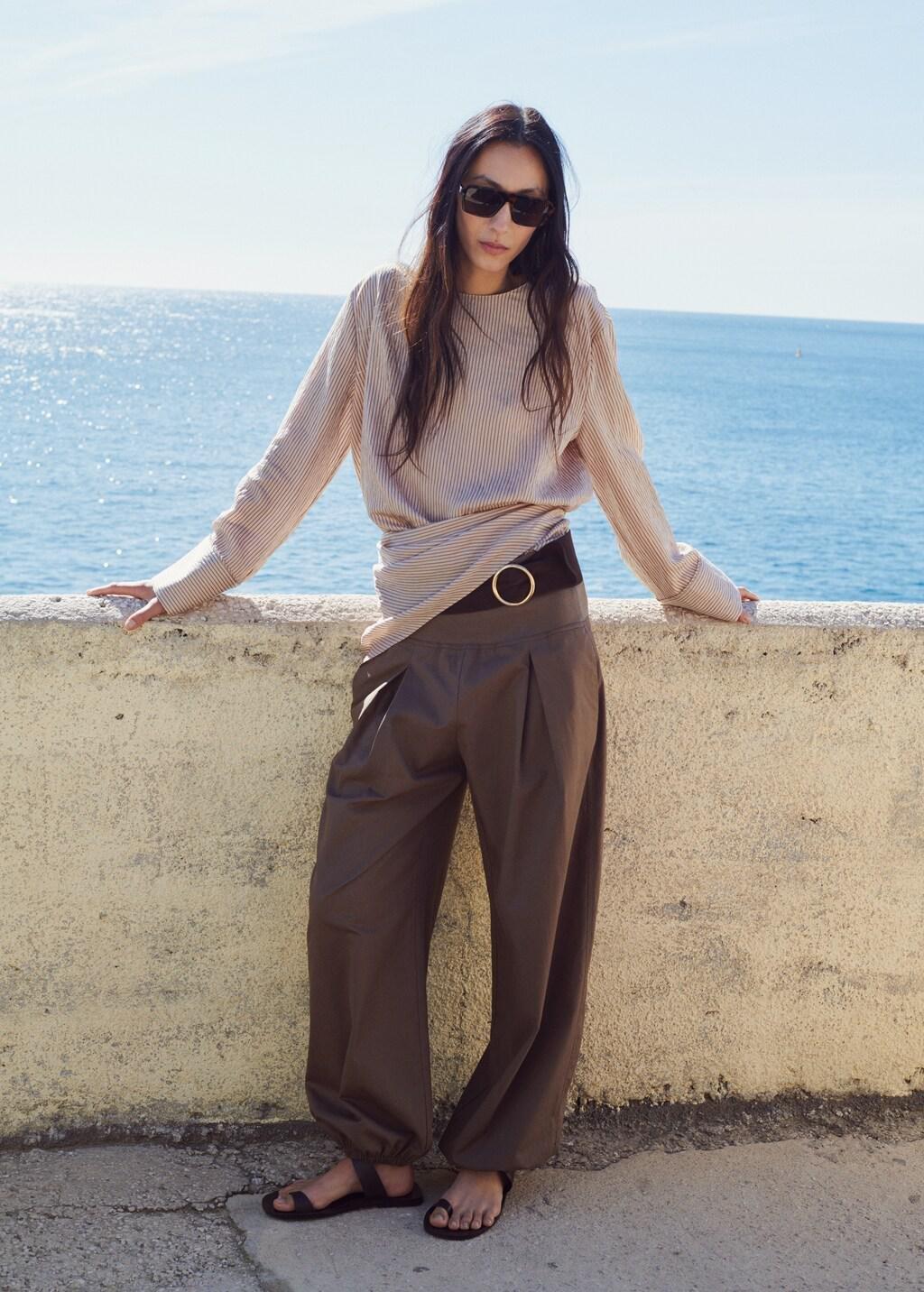 Brown Knot Stripped Blouse, Brown, large image number 0