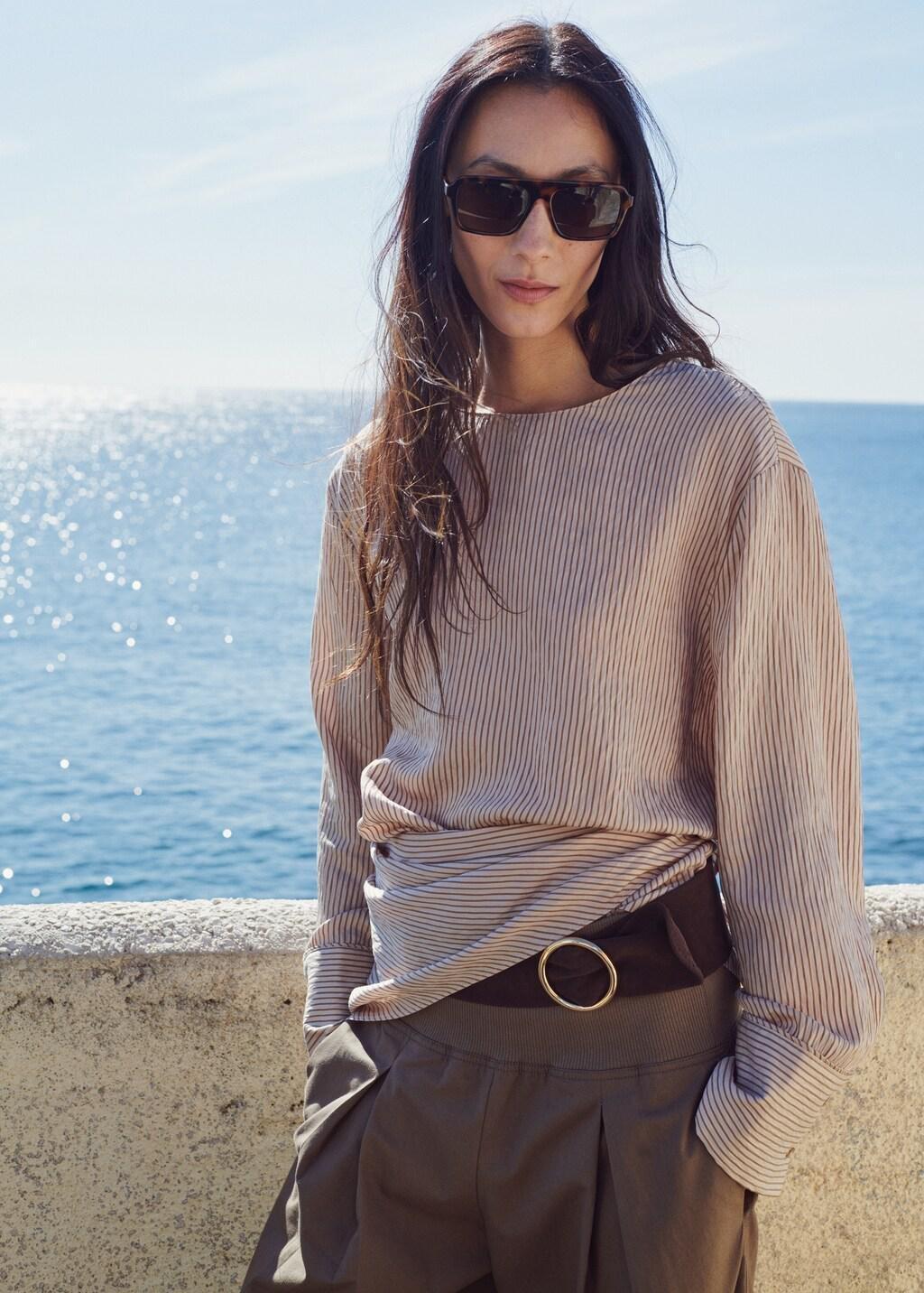 Brown Knot Stripped Blouse, Brown, large image number 3