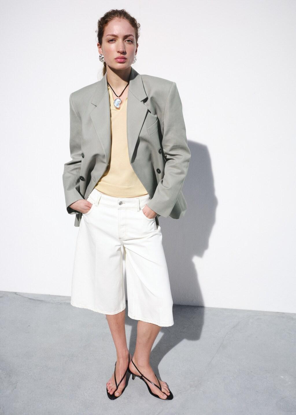 Cream Straight Mid-Rise Denim Bermuda Shorts, Natural White, large image number 0