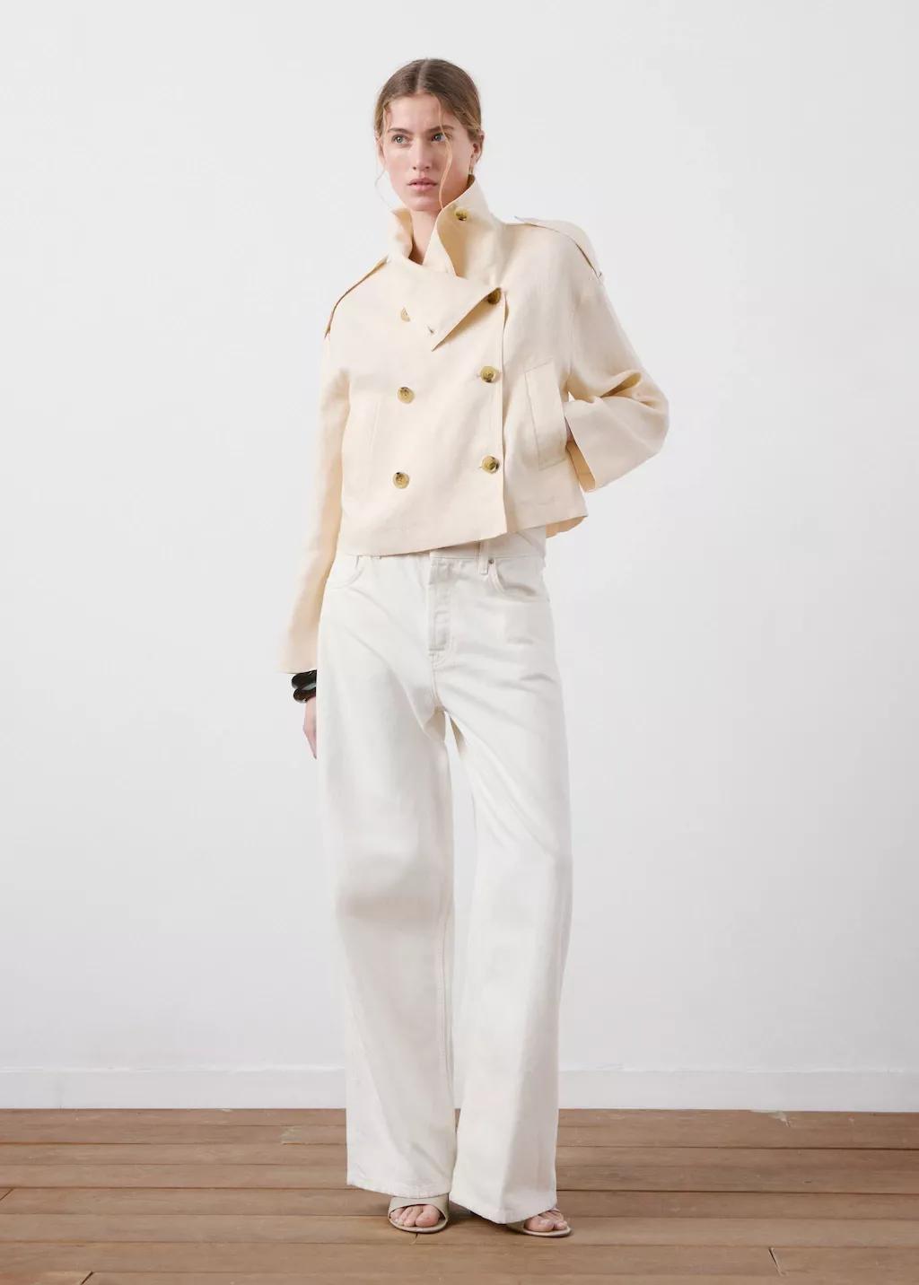 Cream Linen Funnel Neck Trench Coat, Light Beige, large image number 0