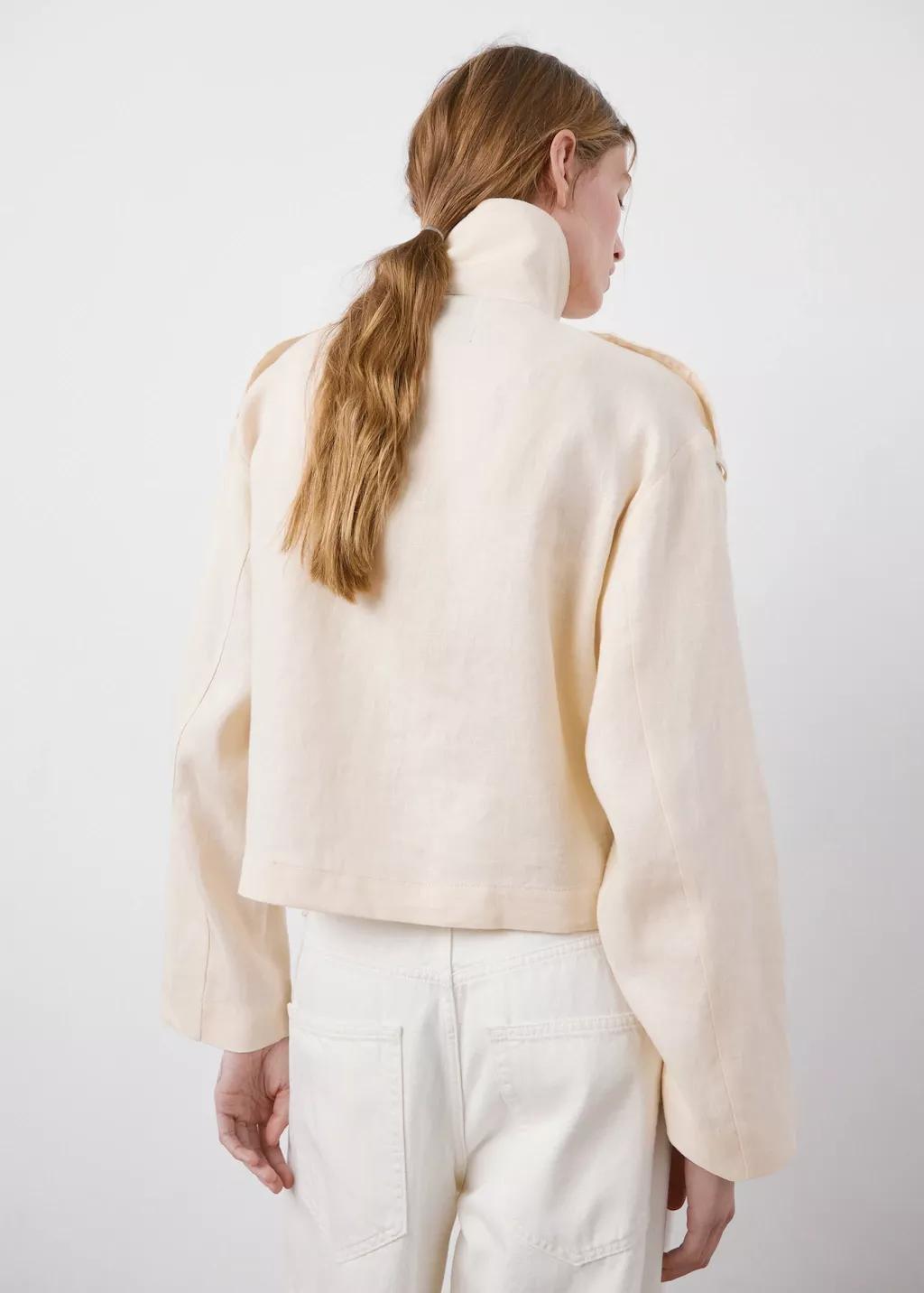 Cream Linen Funnel Neck Trench Coat, Light Beige, large image number 2