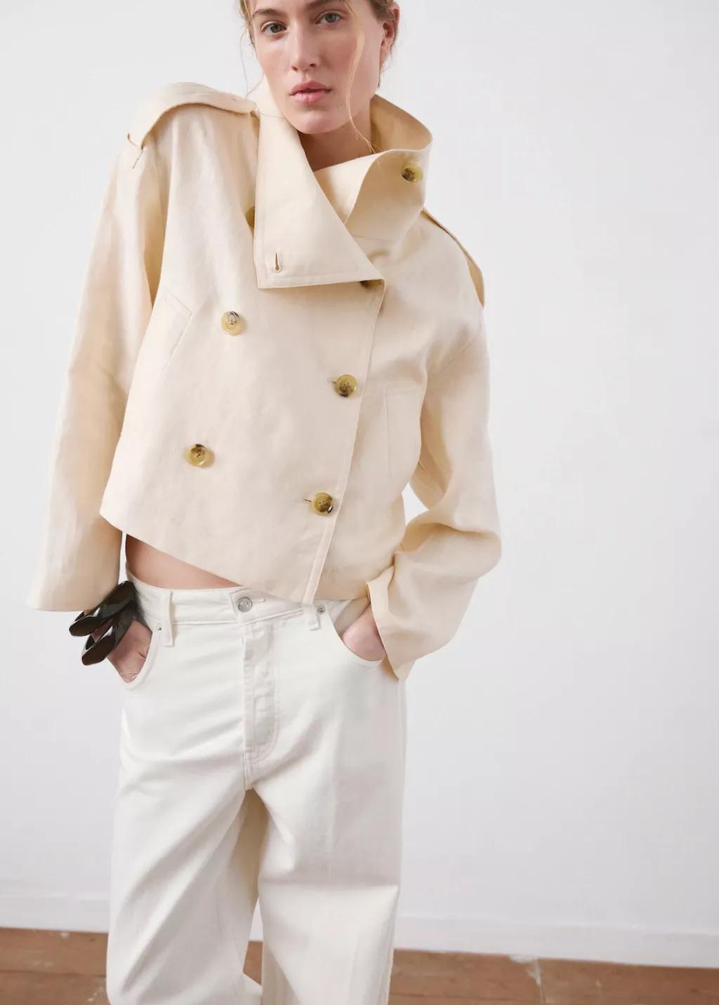 Cream Linen Funnel Neck Trench Coat, Light Beige, large image number 3