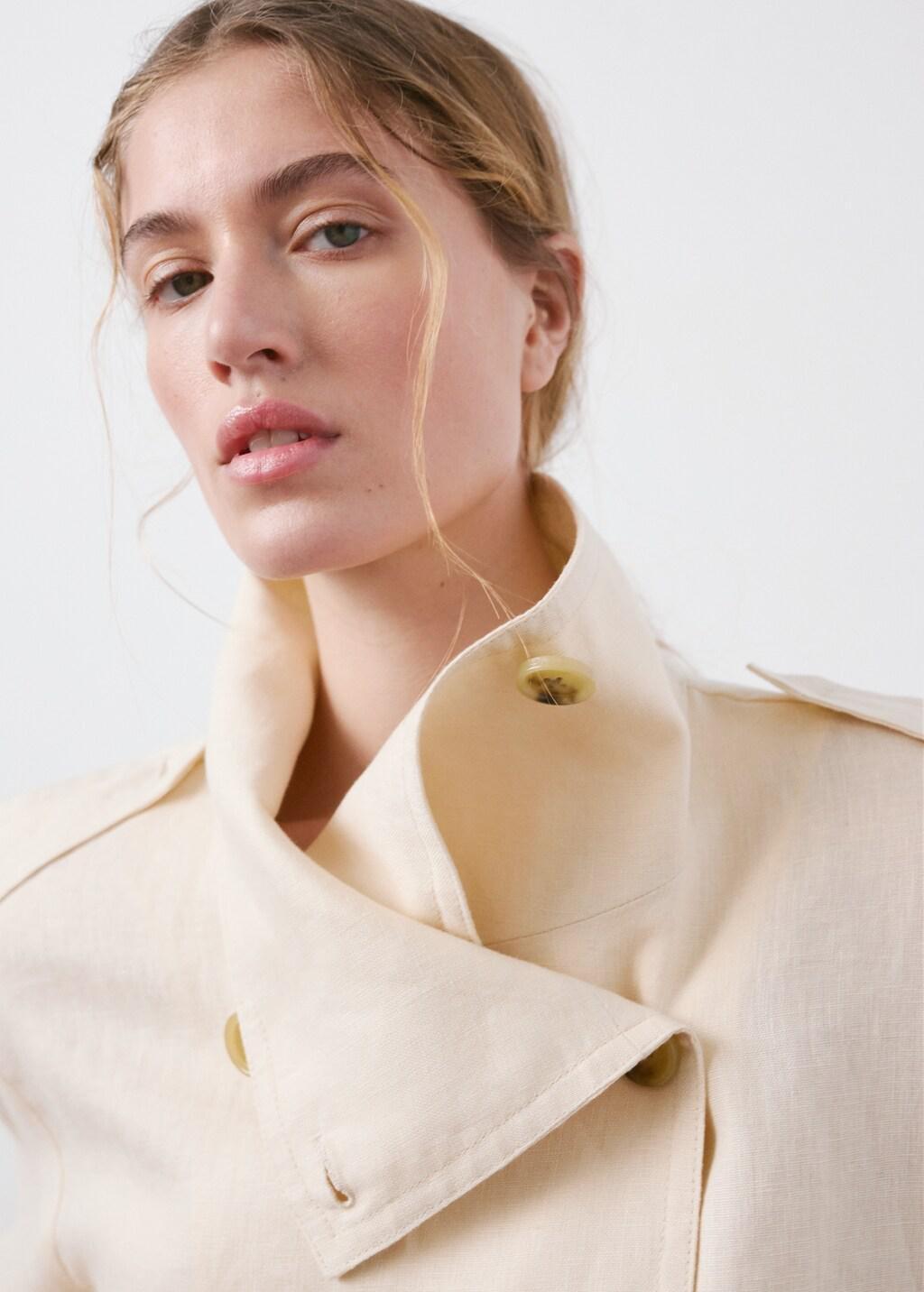 Cream Linen Funnel Neck Trench Coat, Light Beige, large image number 4