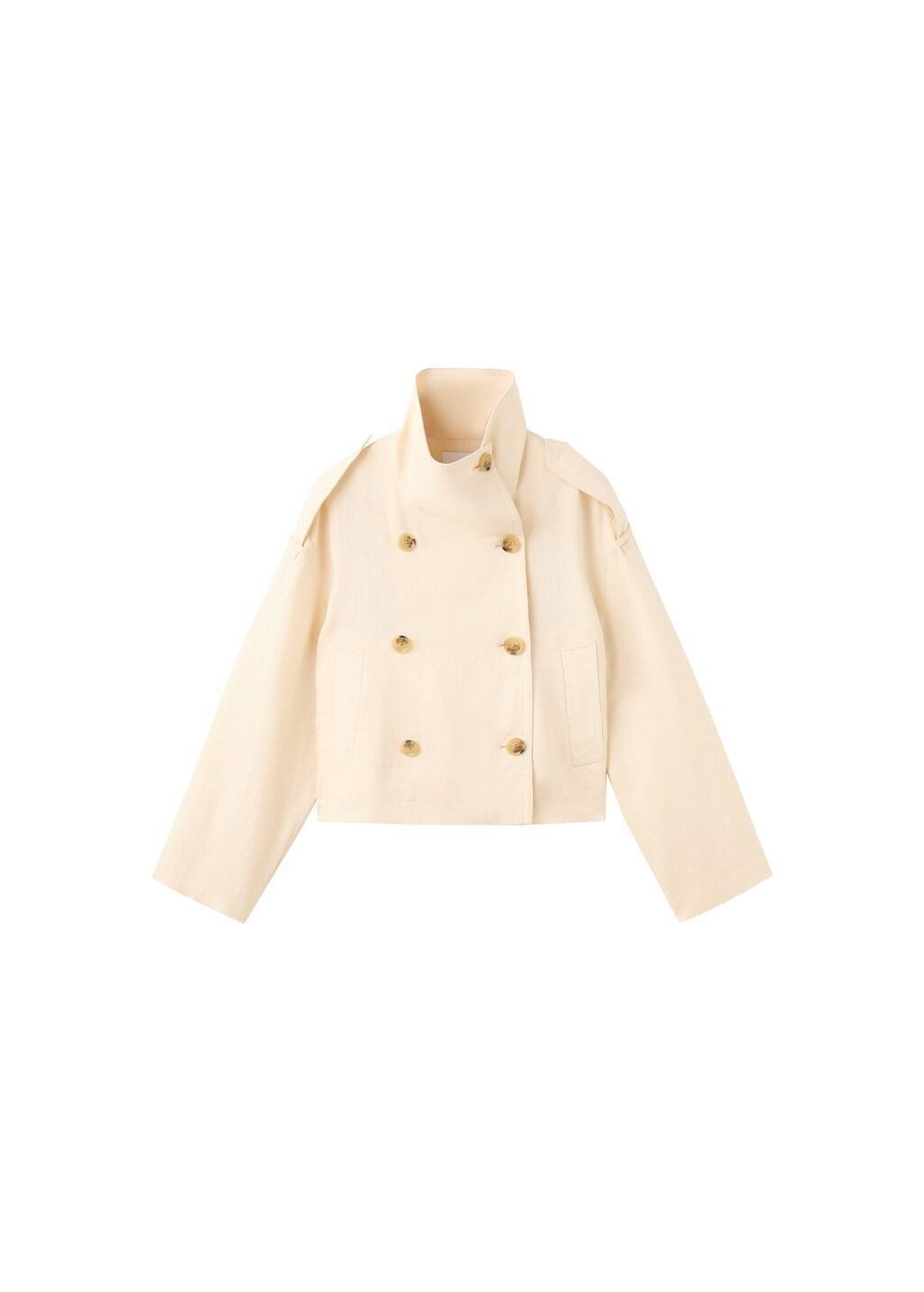 Cream Linen Funnel Neck Trench Coat, Light Beige, large image number 6