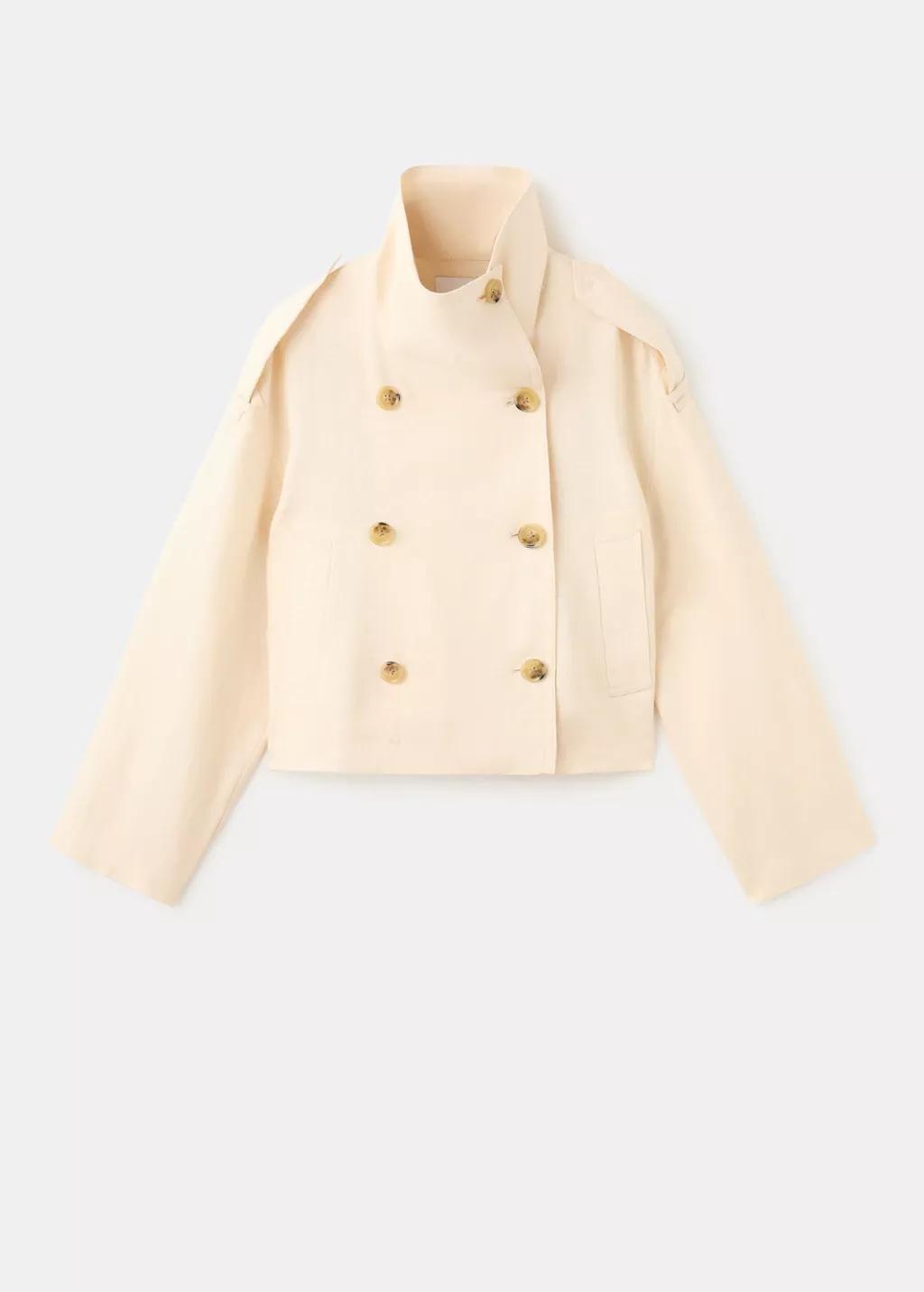 Cream Linen Funnel Neck Trench Coat, Light Beige, large image number 7