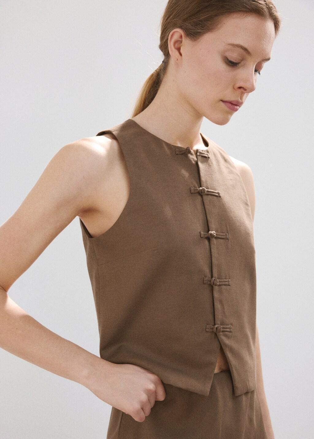 Brown Linen Toggle Waistcoat, 0201_30, large image number 3
