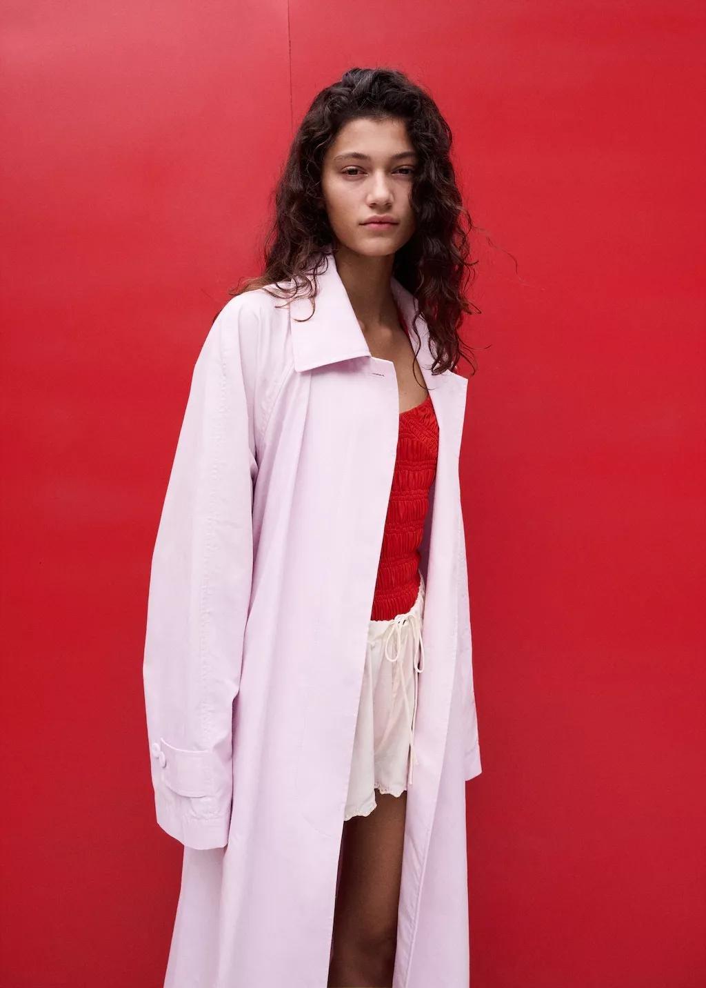 Pink Long Trench Coat With Belt, Pink, large image number 6