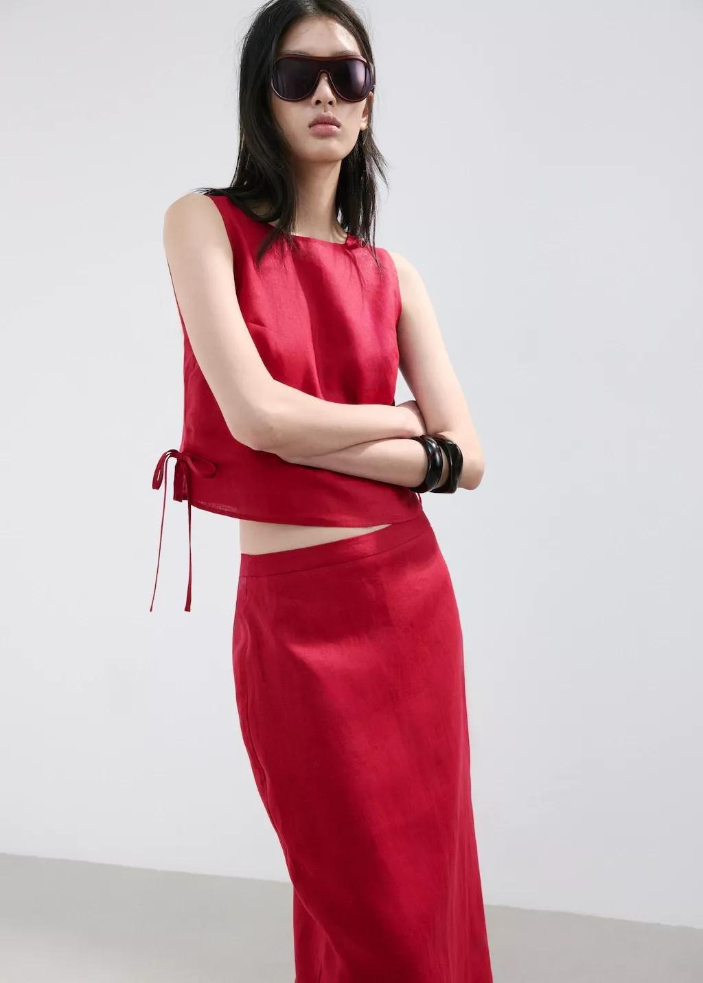 Red Linen Midi Skirt, 0201_70, large image number 4