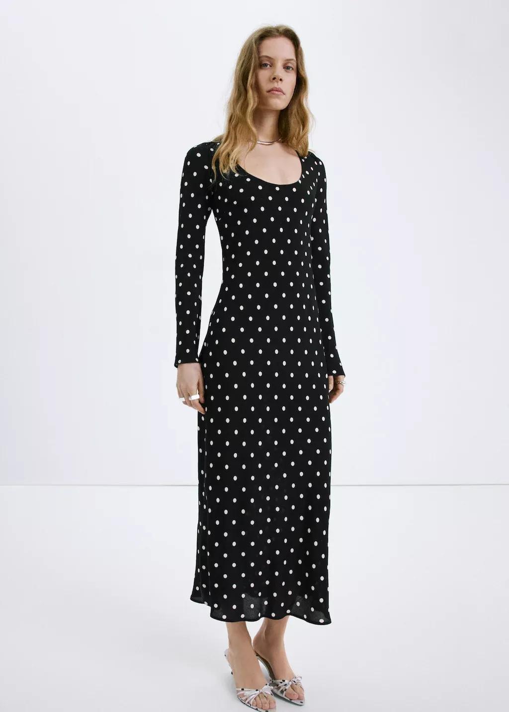 Black Long Sleeve Polka Dot Dress, Black, large image number 0