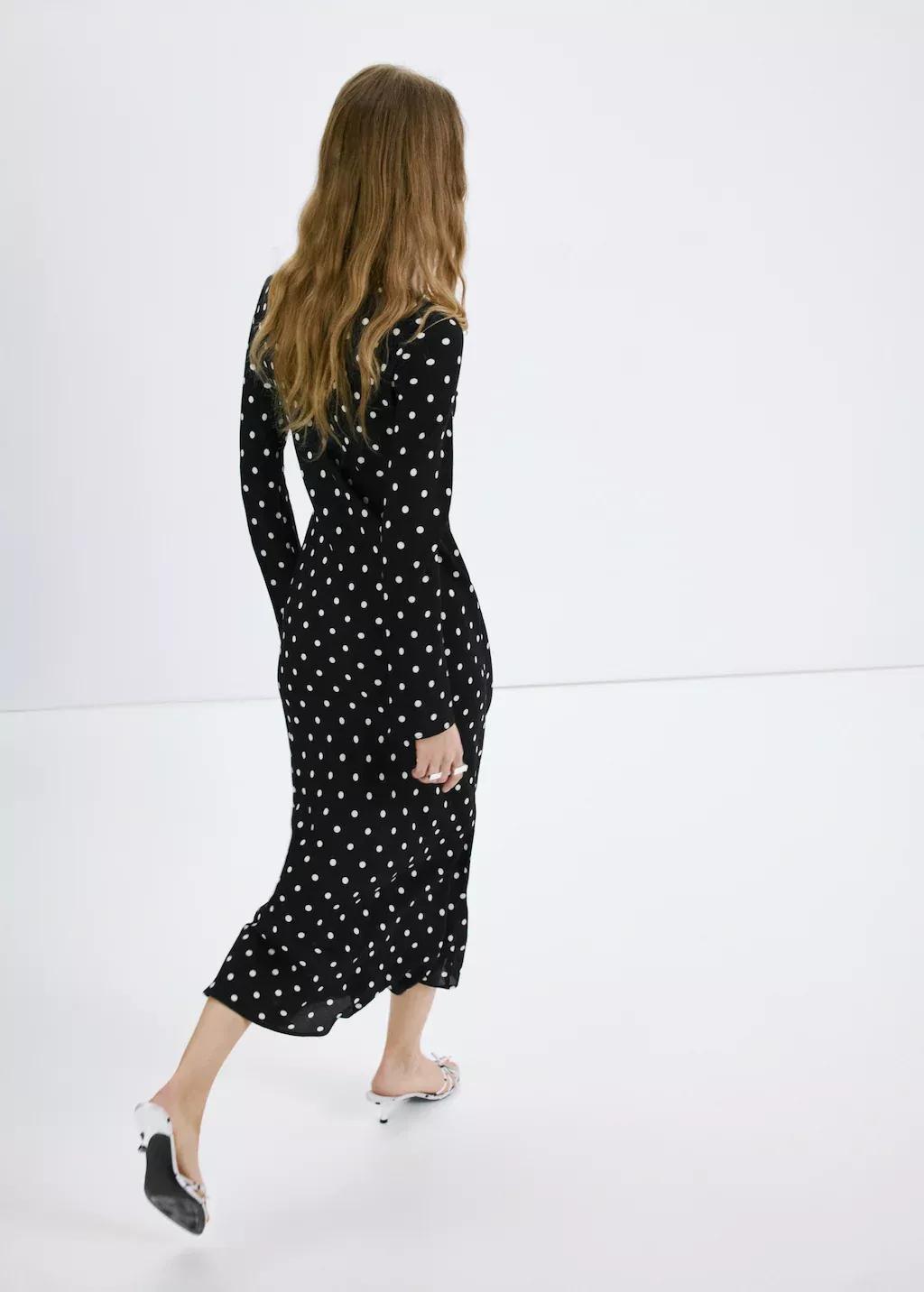 Black Long Sleeve Polka Dot Dress, Black, large image number 2