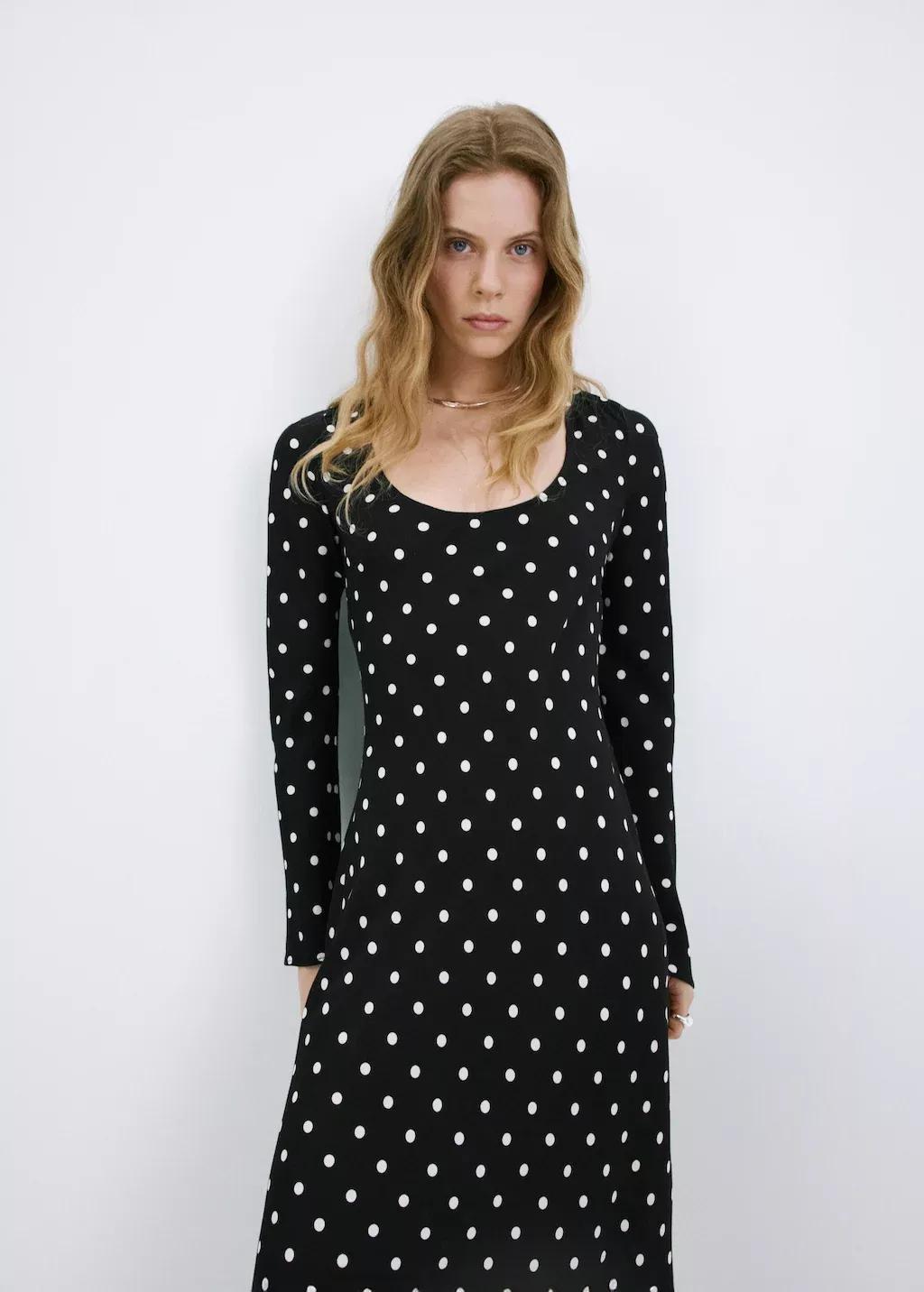 Black Long Sleeve Polka Dot Dress, Black, large image number 3